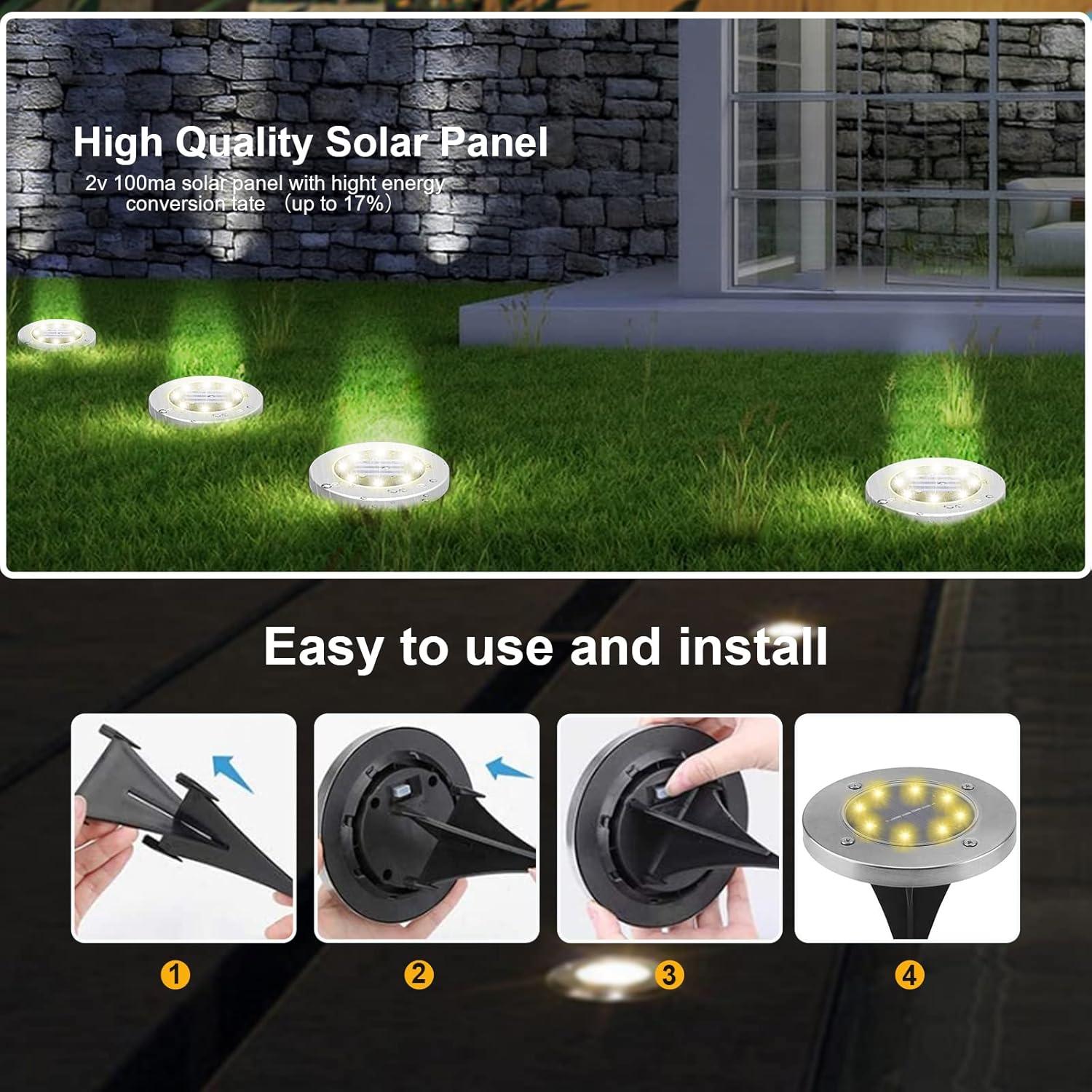 8 Pack Solar Ground Lights, 8 LED Waterproof In-Ground Lights Outdoor Landscape Lighting for Lawn, Garden, Patio, Pathway, Yard, Deck, Driveway, Walkway (Warm White)