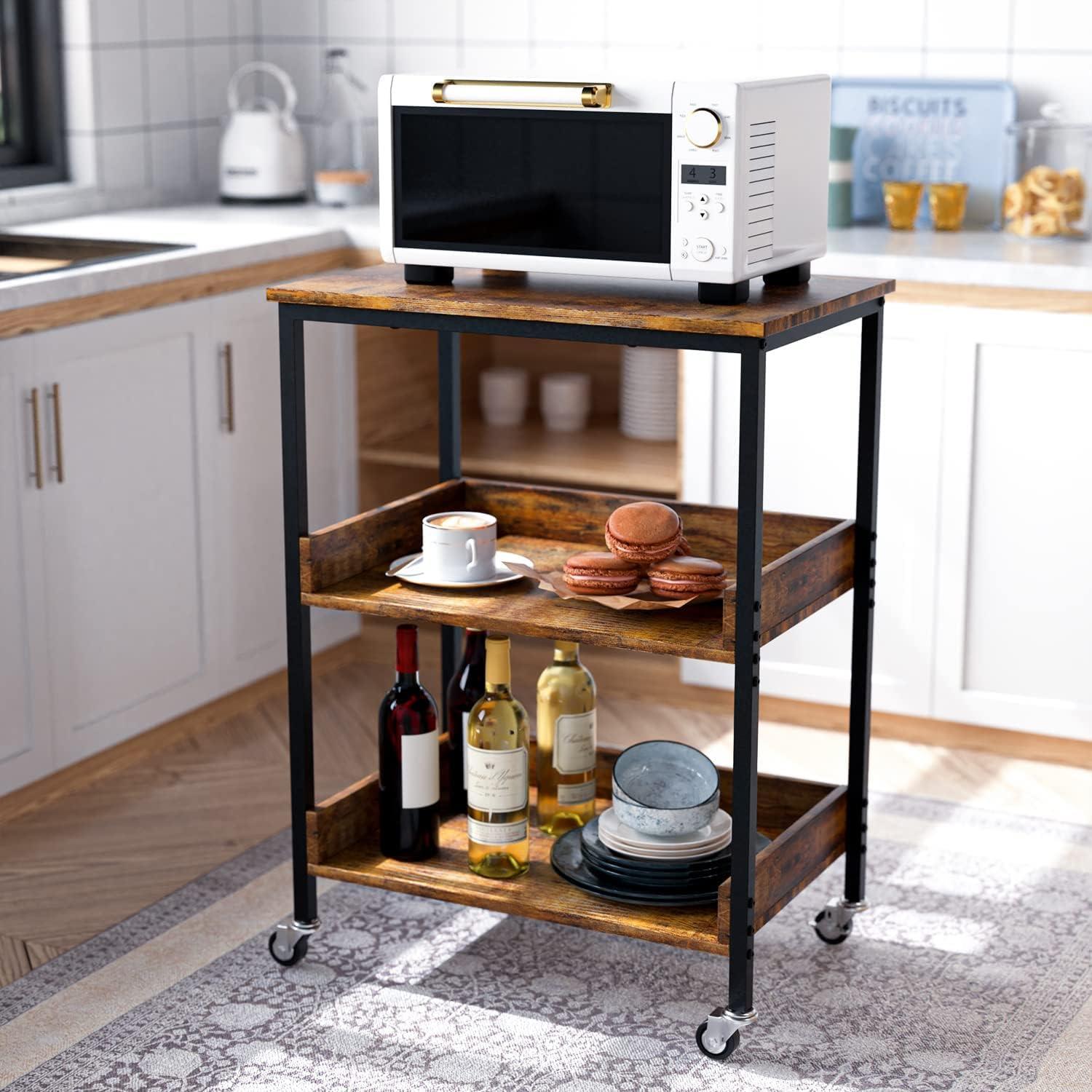 Kitchen Microwave Cart, 3 Tier Rolling Kitchen Utility Cart on Wheels Coffee Cart, Microwave Kitchen Islands Cart with Storage, for Living and Kitchen Room, Coffee Station for Kitchen