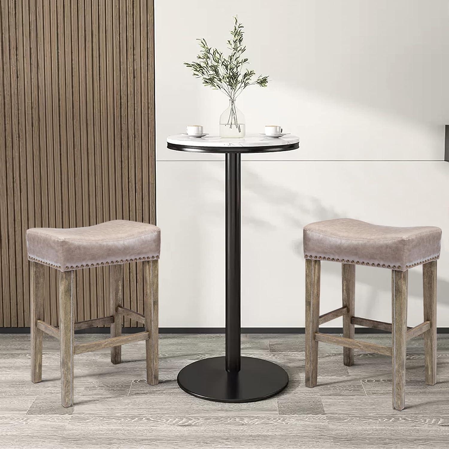 26" Gray Saddle Style Backless Wood and Leather Bar Stools