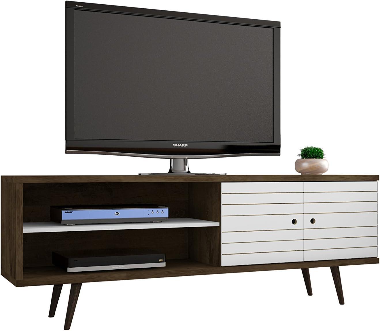 63" Rustic Brown and White Mid-Century Modern TV Stand with Cabinet