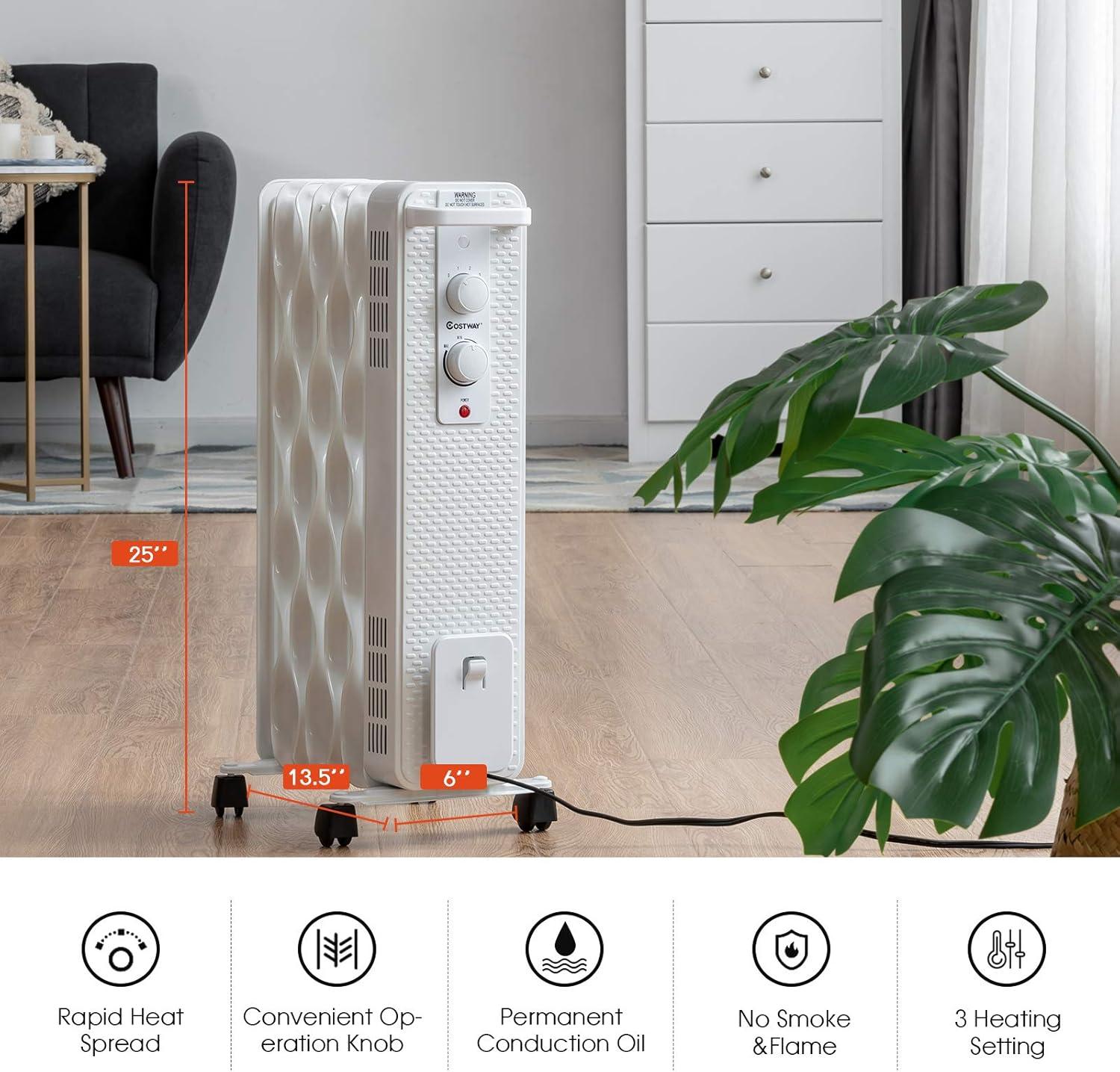 YYAo Space Heater, Portable Electric Heaters, Heating Tower Room Heater,1500 W Oil-Filled Heater Portable Radiator Space Heater with Adjustable Thermostat-White