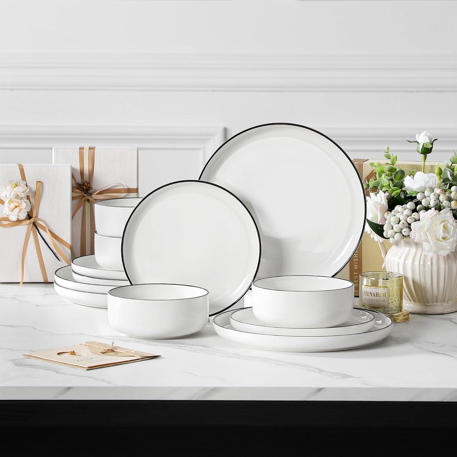 White Glossy Porcelain 12-Piece Dinnerware Set for 4