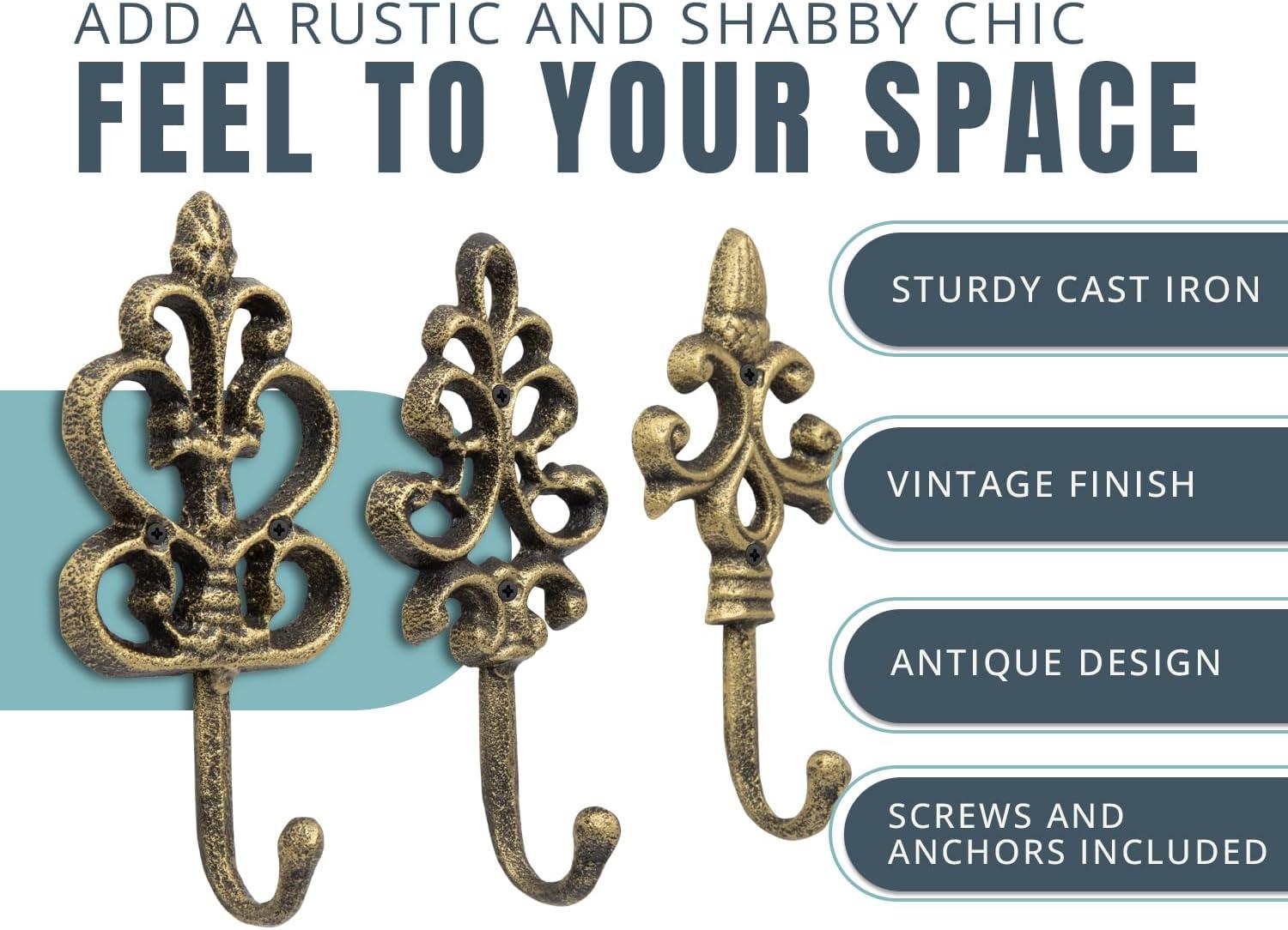 Set of 3 Gold and Black Cast Iron Decorative Wall Hooks