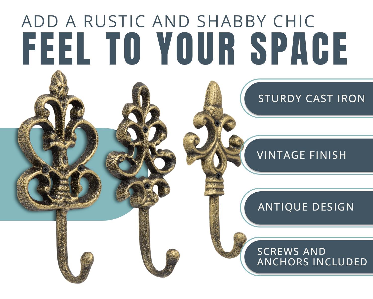 Set of 3 Gold and Black Cast Iron Decorative Wall Hooks