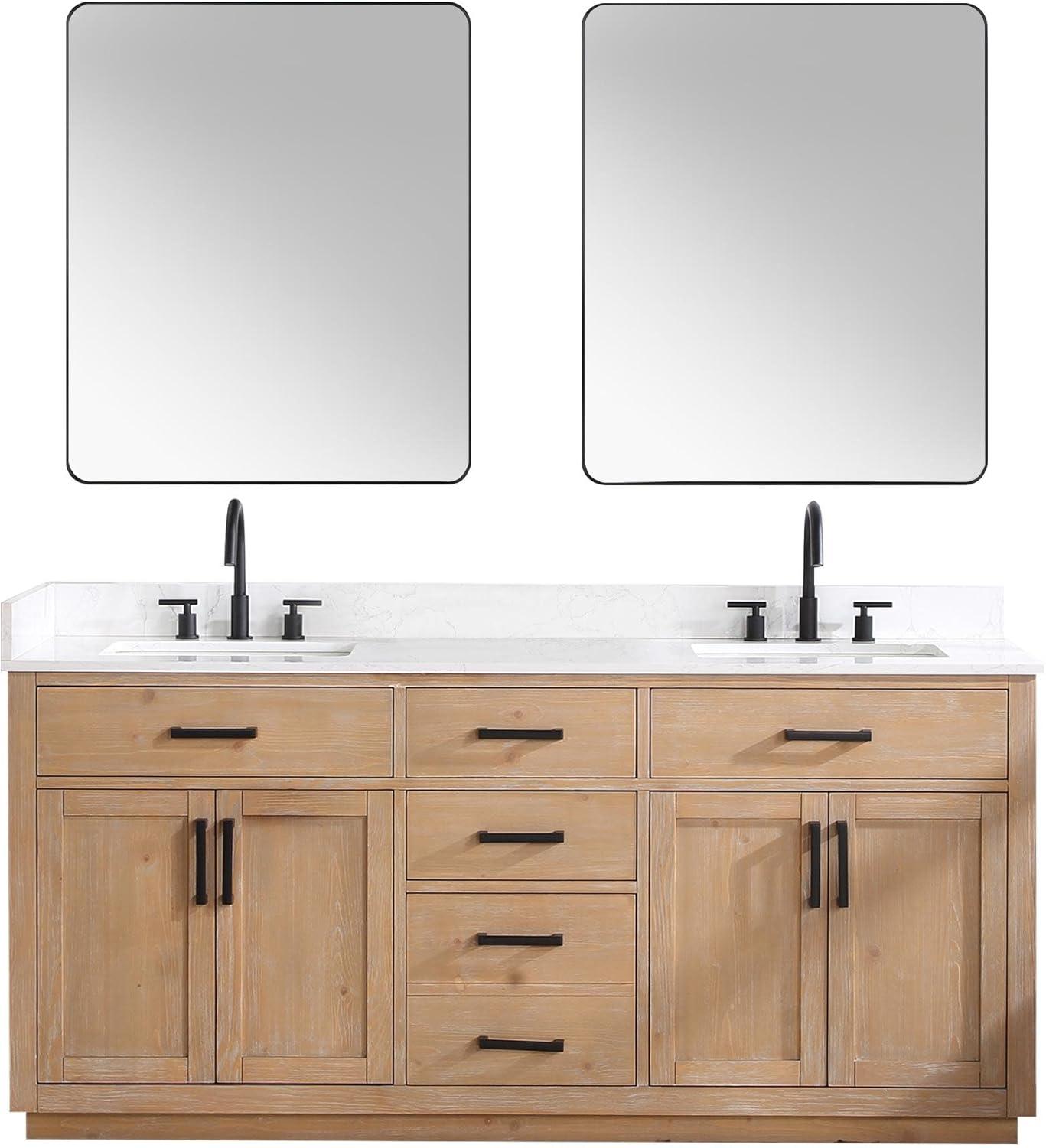 Gavino 72" Light Brown Wood Vanity with Composite Stone Top and Mirror