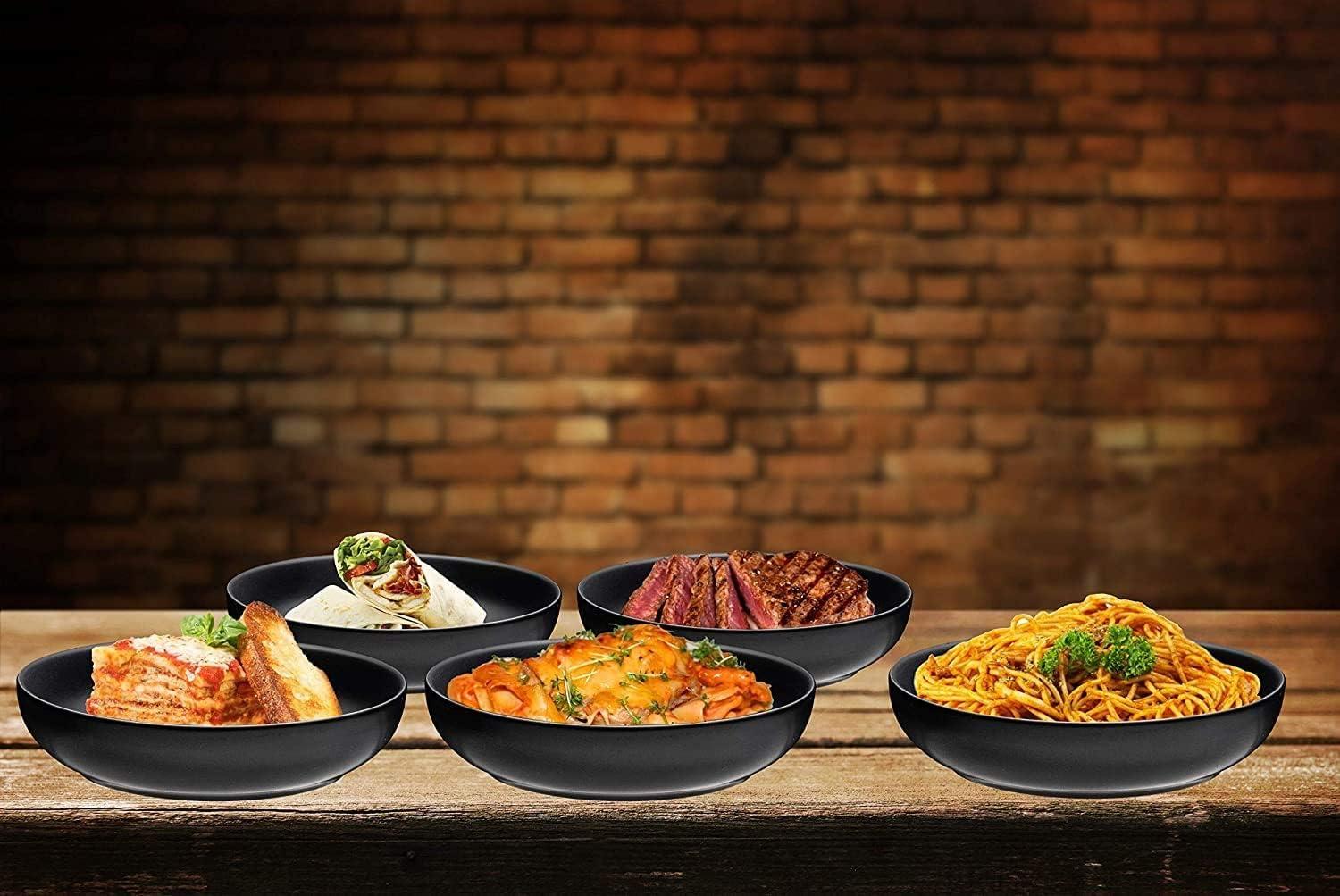 Bruntmor Matte Black Bowls Set Of 6 - 24 Oz Ceramic Serving Plates & Porcelain Skillet