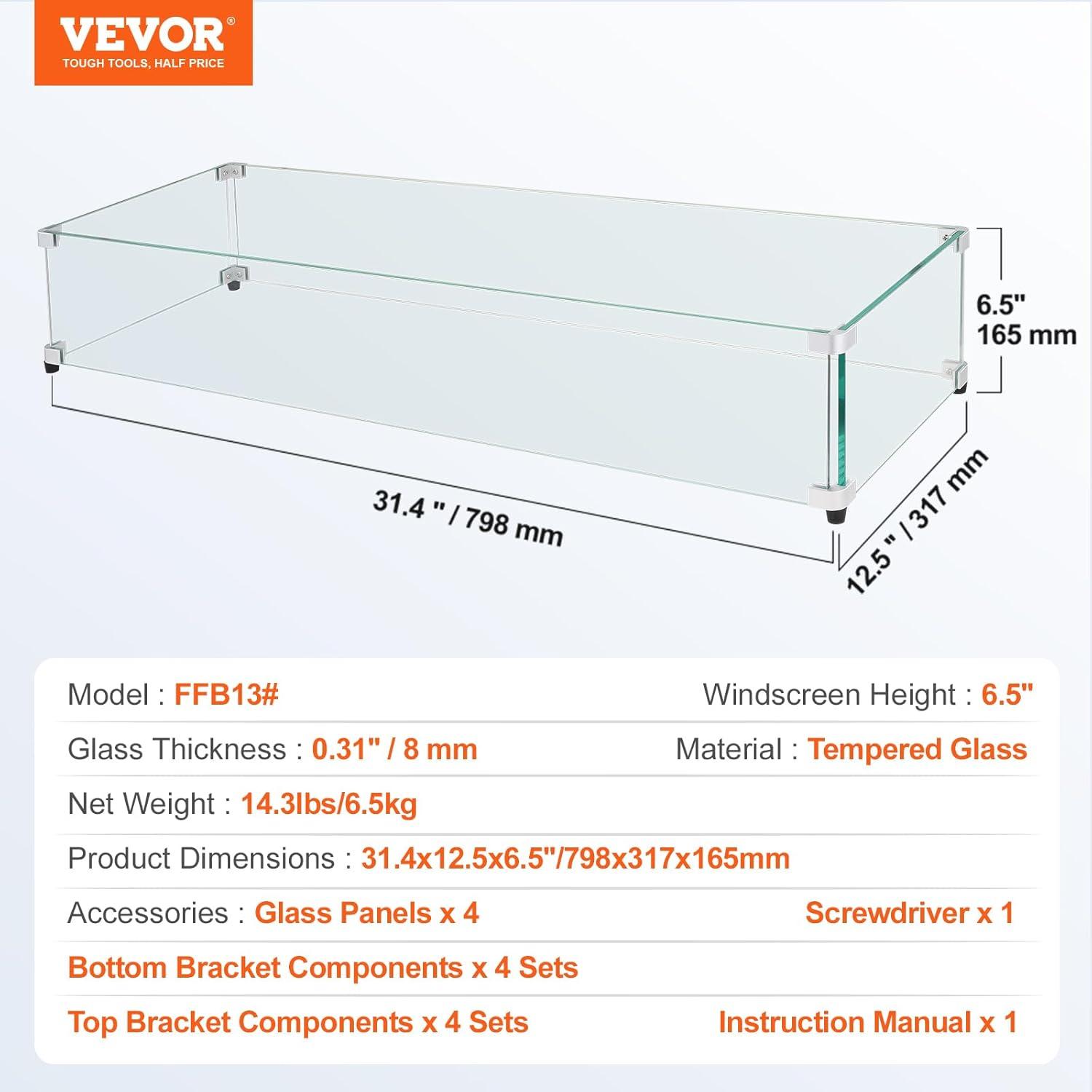 Glass Wind Guard for Rectangular Fire Pit Table 31 x 12.5 x 6.5 Inch, 0.31 inch Thick and Sturdy Tempered Glass Panel with Hard Aluminum Corner Bracket & Rubber Feet, Easy to Assemble
