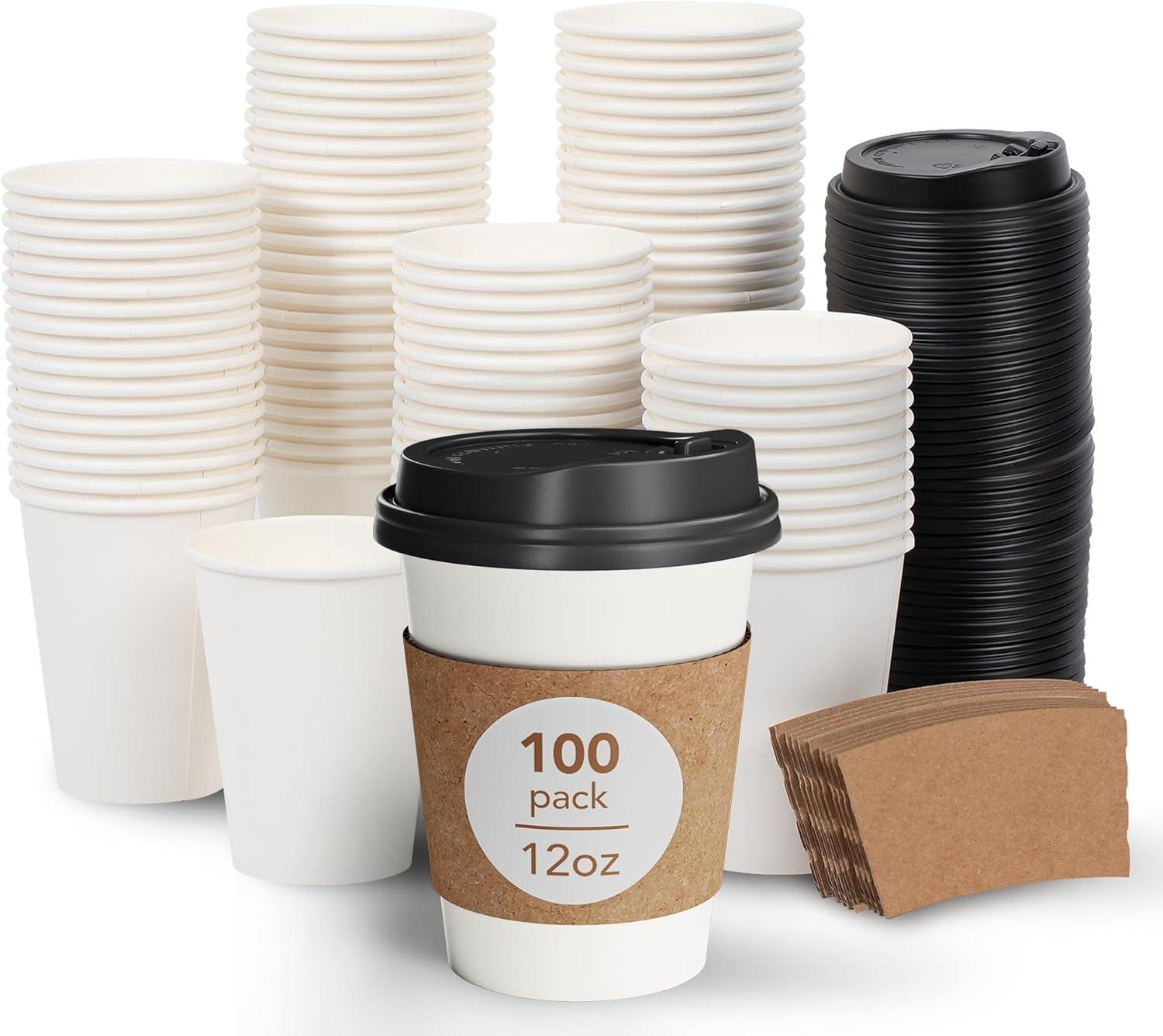 FAST APPLIANCES LLC Paper Cups,Cups,Disposable Cups 100 Pack 12 Oz Leak-Proof Coffee Cups With Lids And Sleeves Disposable Paper To Go Hot Coffee Cups For Home, Business, Office, Cafes And Parties