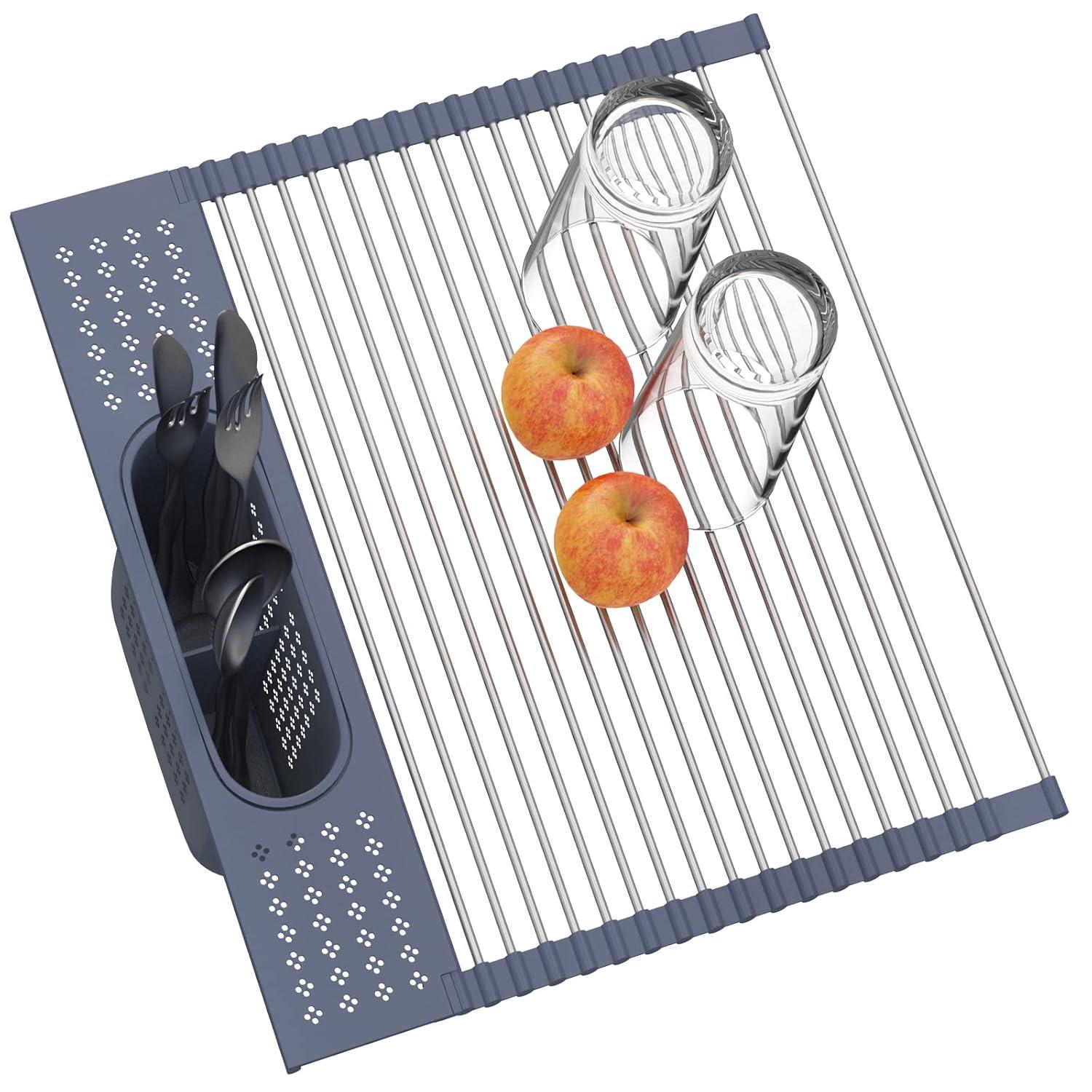 THE GLAMOUR BOUTIQUES Roll Up Dish Drying Rack 17.5" X 15.2" Over The Sink Dish Drying Rack, Multi-Purpose Kitchen Rolling Dish Drainer Foldable SUS 304 Stainless Steel Dish Drying Rack