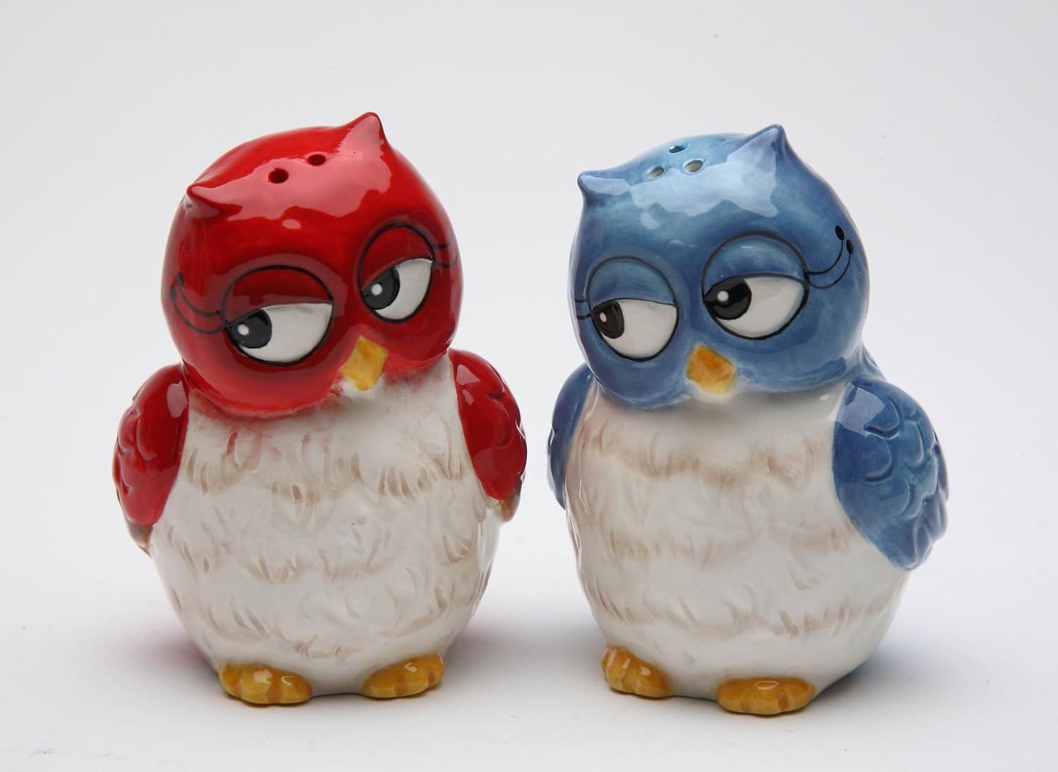 Blue and Red Ceramic Owl Salt and Pepper Shakers