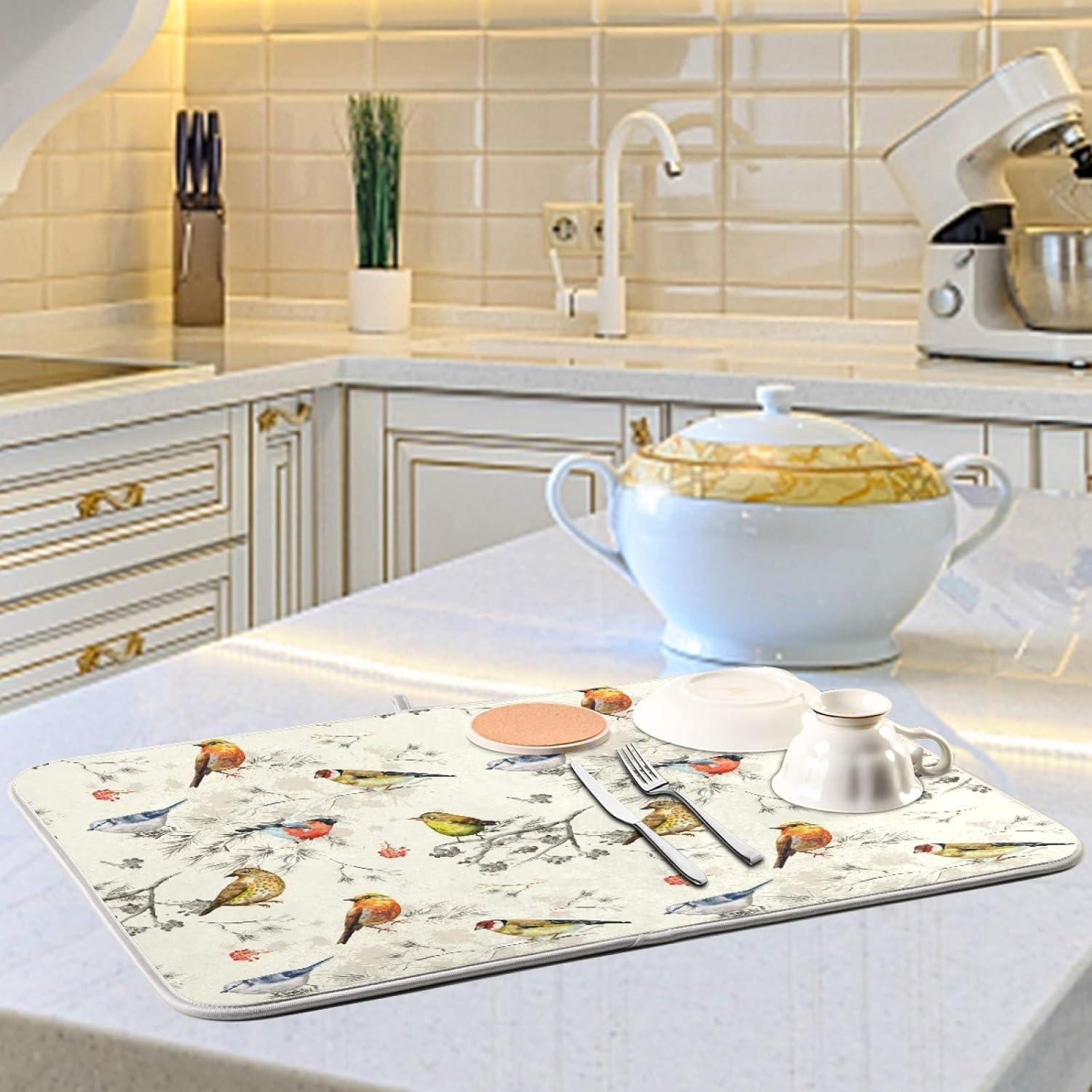 Dish Drying Mat Kitchen Counter Colorful Birds Dishes Drainer Pad Absorbent Microfiber Reversible 16"x18"