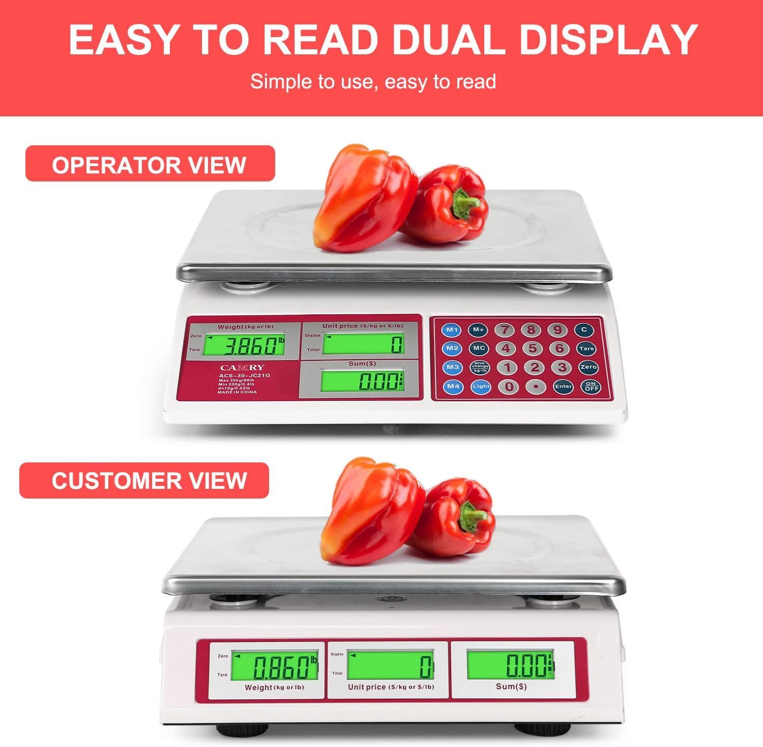 CAMRY Digital Price Computing Scale 66lb/30kg Commercial Produce Scale with Stainless Steel Platform and Green Backlight LCD Display for Meat, Fruit, Ideal for Deli, Farmers Markets, Restaurants