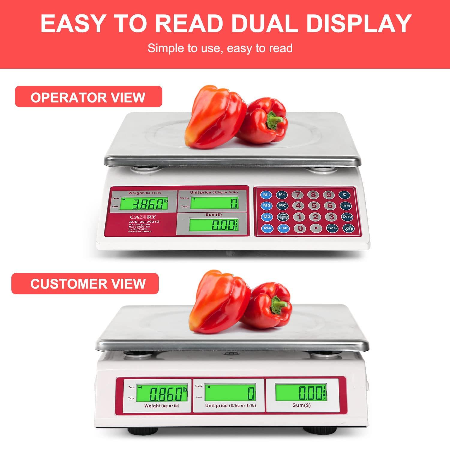 CAMRY Digital Price Computing Scale 66lb/30kg Commercial Produce Scale with Stainless Steel Platform and Green Backlight LCD Display for Meat, Fruit, Ideal for Deli, Farmers Markets, Restaurants