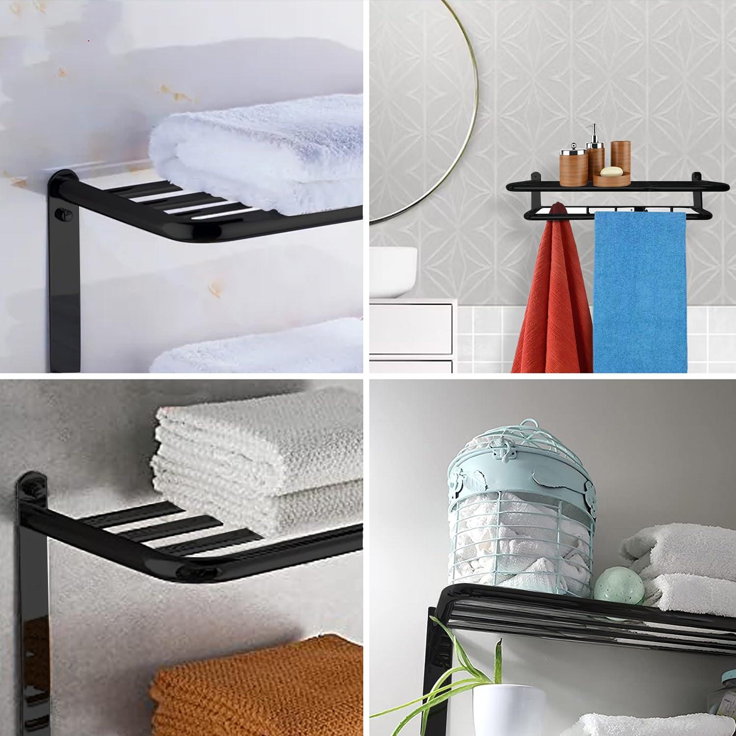 Matte Black 2-Tier Towel Rack | 24'' Wall-Mounted Bathroom Towel Shelf With Bar & 5 Hooks | Rust-Proof Stainless Steel Towel Hanger & Organizer | Space-Saving Storage