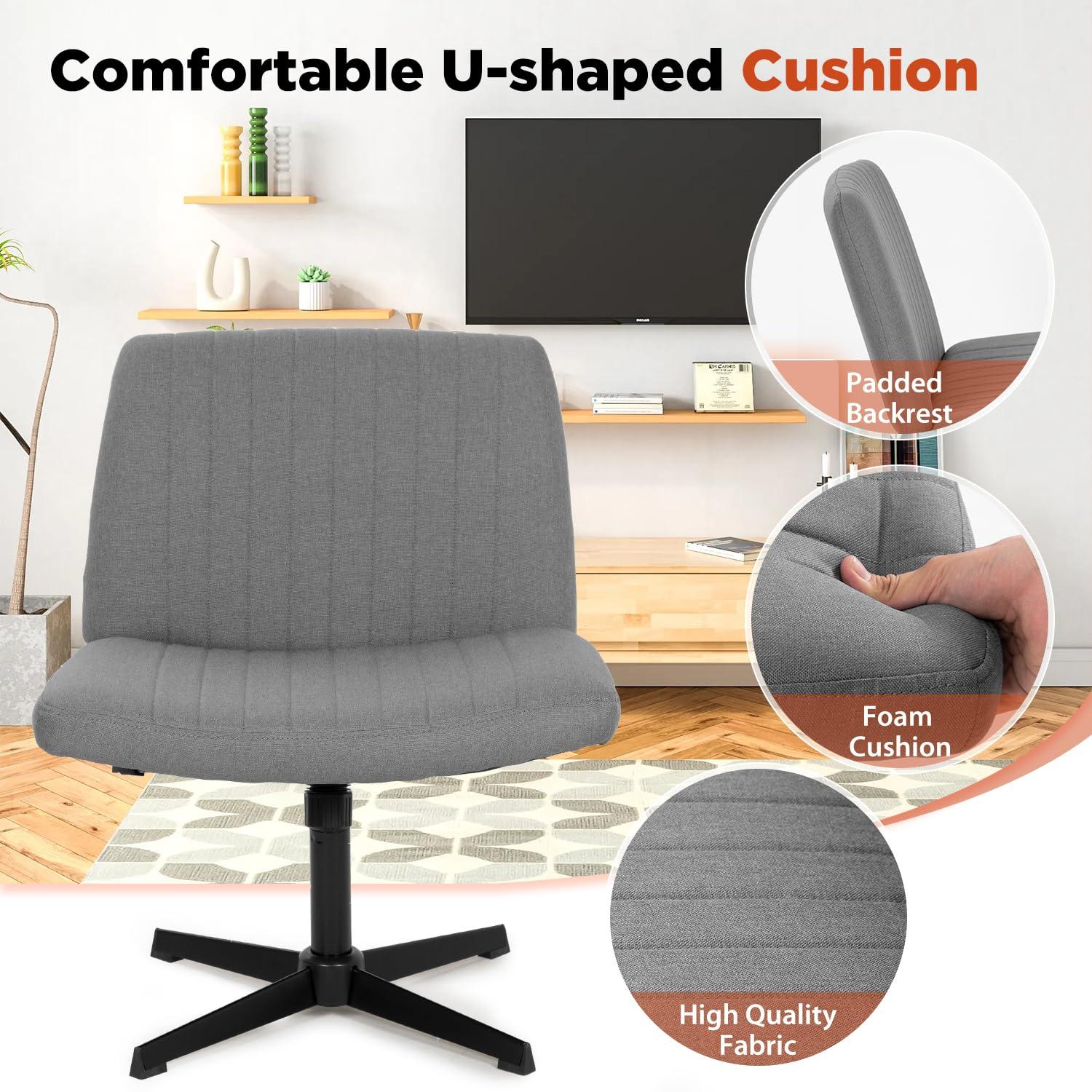Criss Cross Task Chair Armless No Wheels Modern Swivel Height Adjustable 250lb Capacity  Ergonomic Desk With Wide Seat Back Computer Vanity Home Office  Adult Teen Chairs, Grey