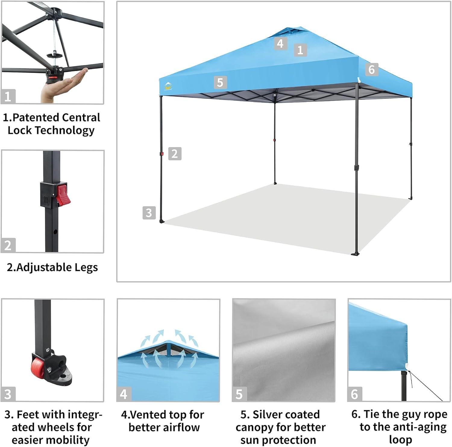 10x10 Pop Up Canopy RS100C- Beach Tent with One Push Setup - Outdoor Canopy Tent with STO-N-Go Cover Bag