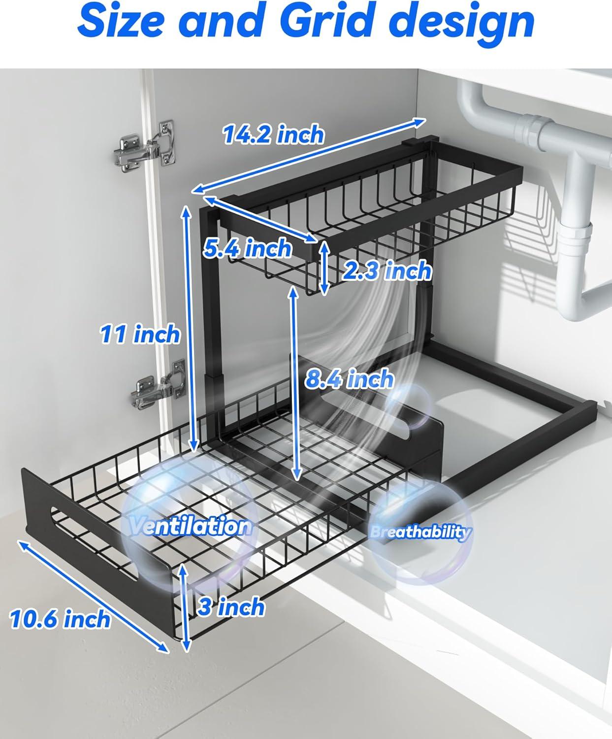 Black Metal 2-Pack L-Shaped Under Sink Organizers with Sliding Drawer