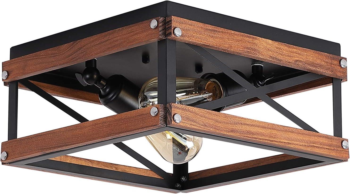 Black Metal and Wood Farmhouse Flush Mount Ceiling Light