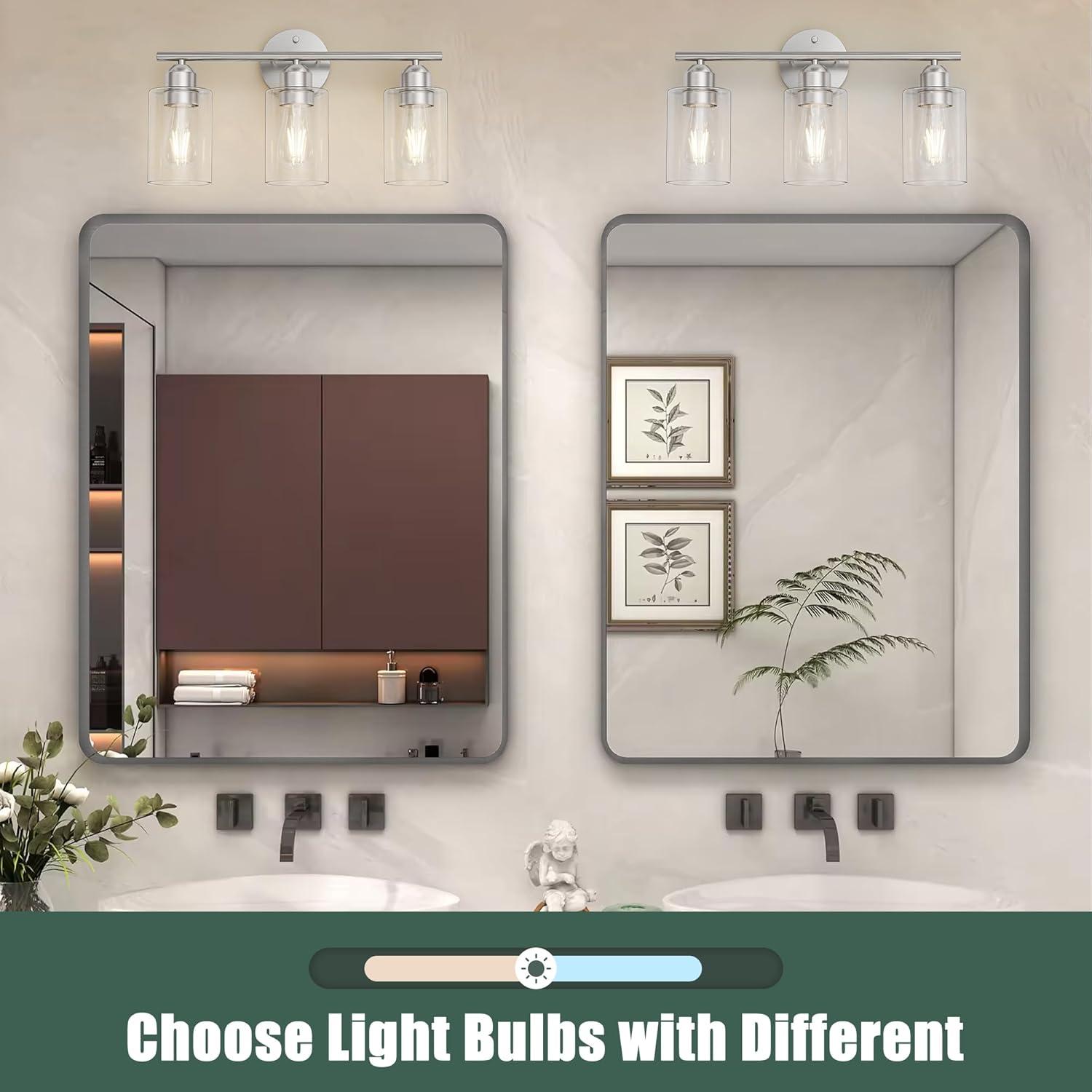Vanity Wall Light Fixtures, Modern 3 Lights Wall Sconce with Clear Glass Shade, Brushed Nickel Farmhouse Wall Lamp for Bathroom Mirror Kitchen Porch Living Room Workshop (E26 Base)