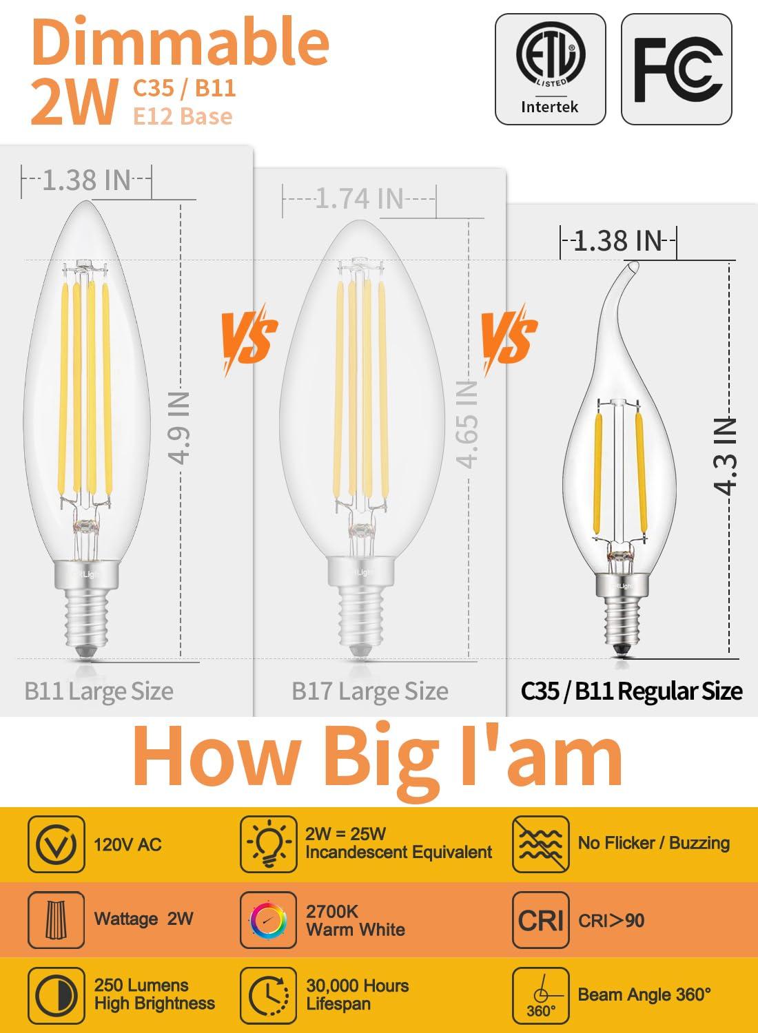 CRLight ETL Listed 2W Dimmable LED Candelabra Bulb 2700K Warm White, 250LM 25W Incandescent Equivalent, E12 Chandelier Candle Bulbs, C35 Clear Flame Shape Bent Tip, 360 Degrees Beam Angle, 10 Pack