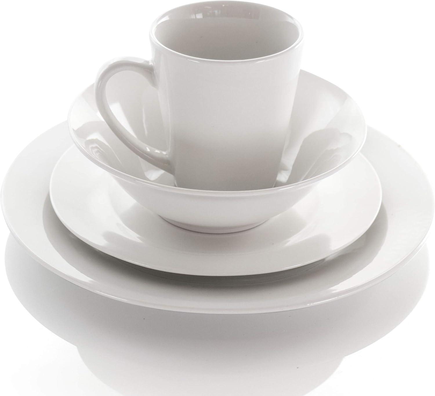 White Glossy Porcelain Round Dinnerware Set, Service for 4