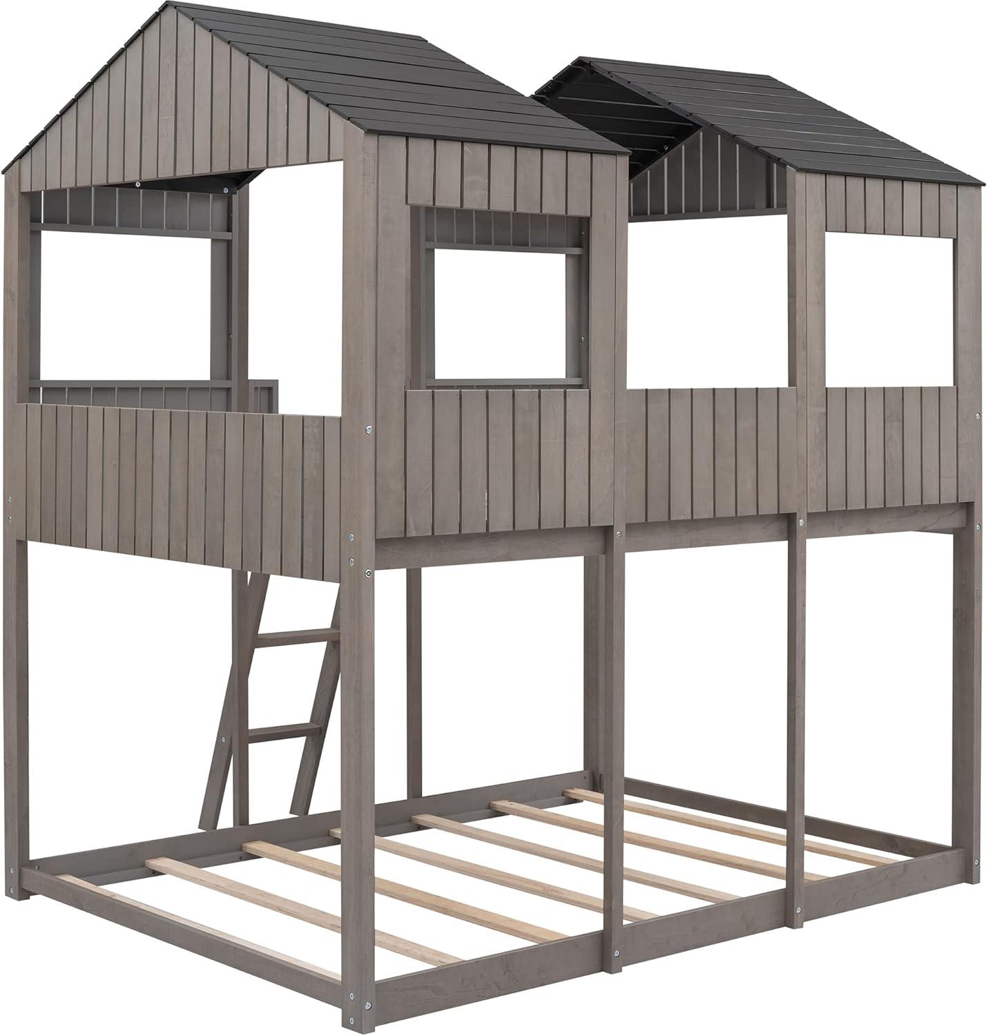 Harper & Bright Designs House Bed Bunk Beds Full Over Full Size,Wood Bunk Beds with Roof and Guard Rail for Kids,Toddlers,No Box Spring Needed,Antique Grey