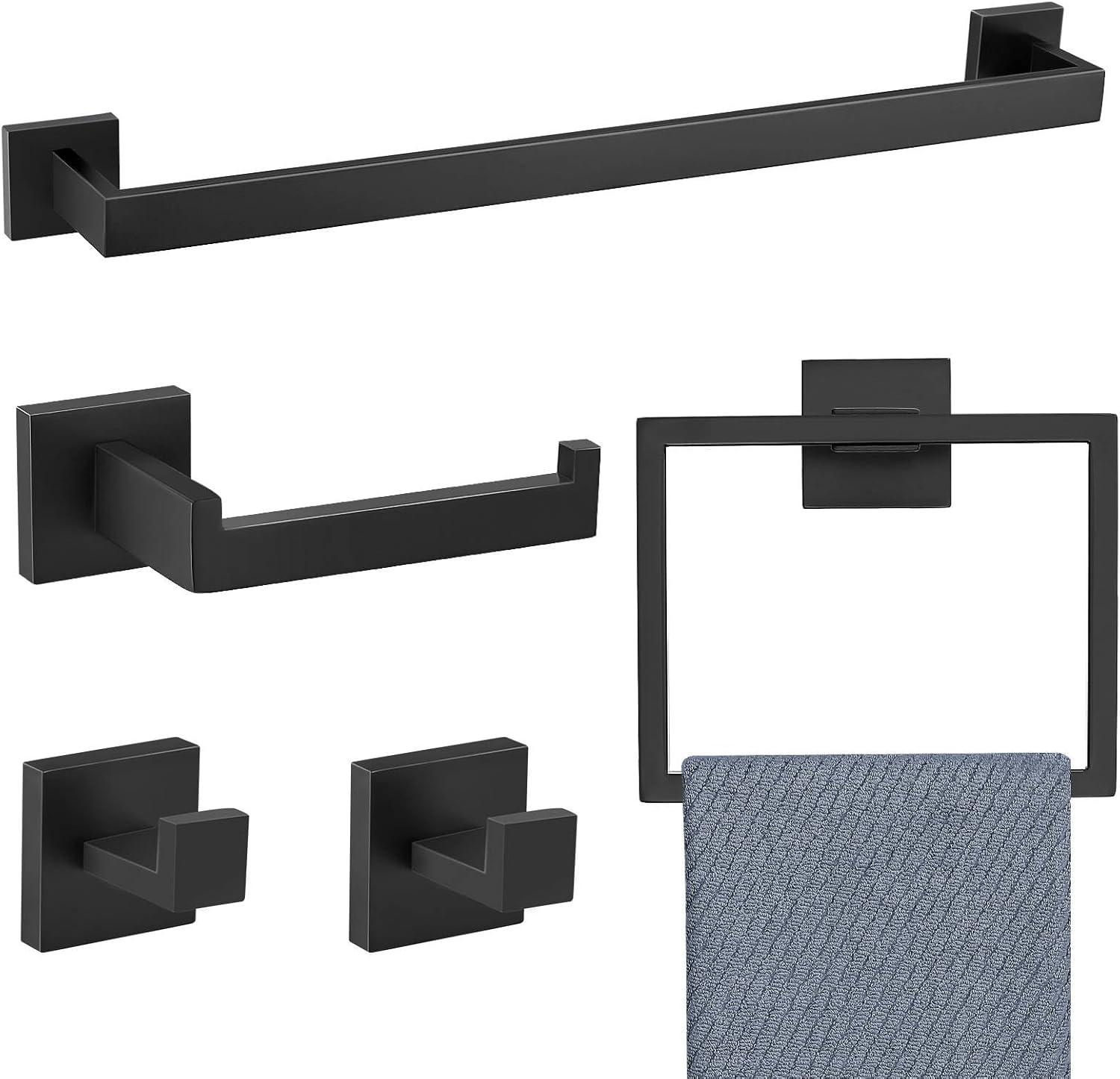 Bathroom Hardware Accessories Set 5 Pieces Matte Black Towel Bar Set Wall Mounted, Stainless Steel, 23.6-Inch