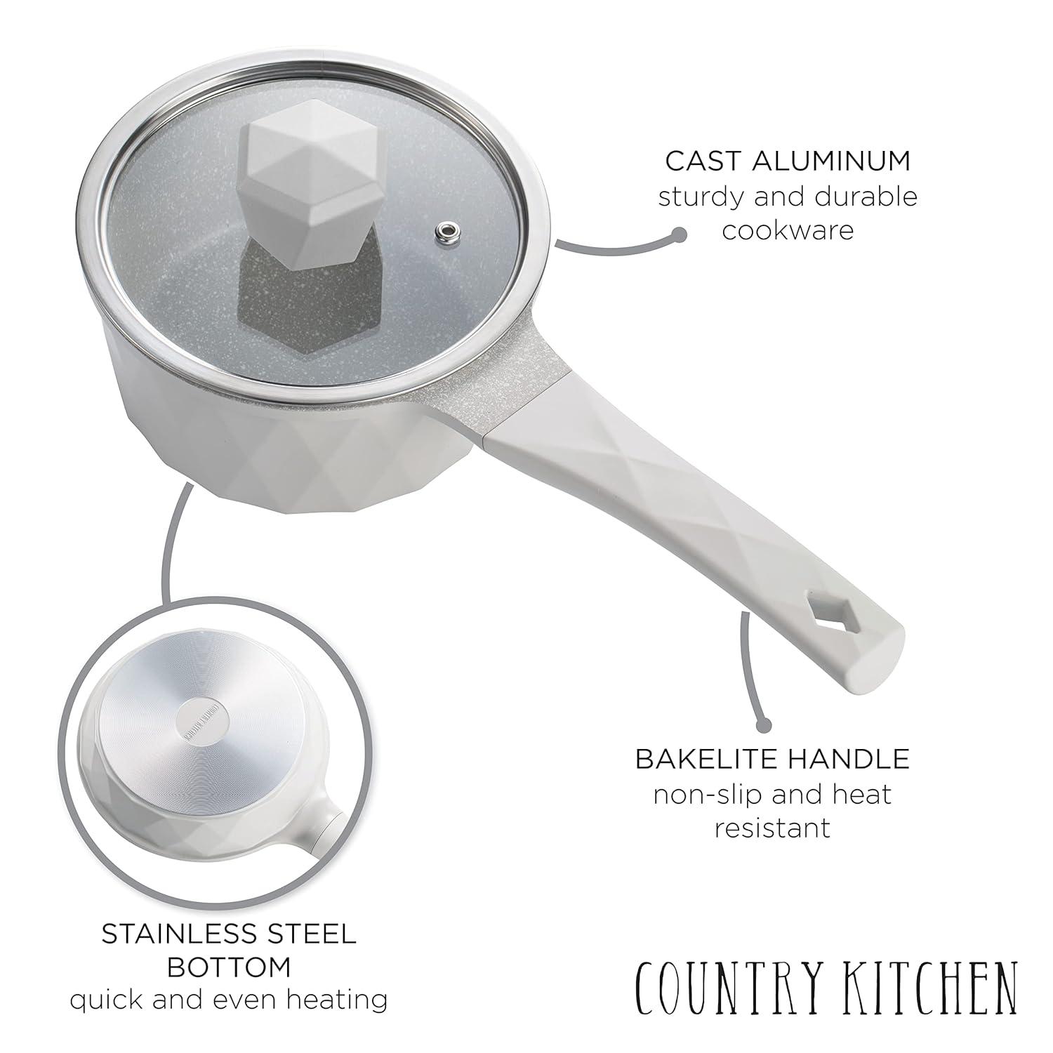 Country Kitchen 11-Pc Cast Aluminum Cookware Set Non Stick Pots and Pan Set, Cream Diamond