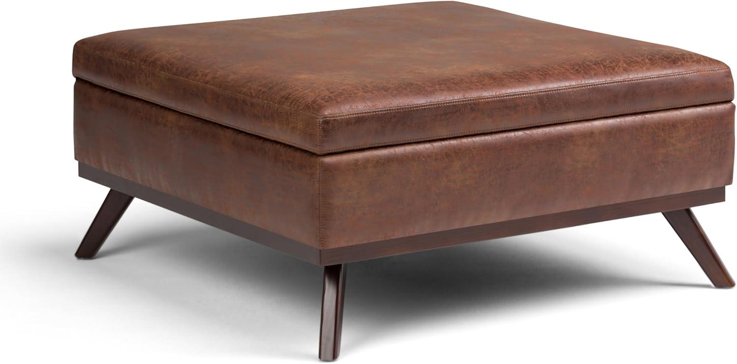 Simpli Home Owen Faux Air Leather Square Coffee Table Ottoman in Saddle Brown