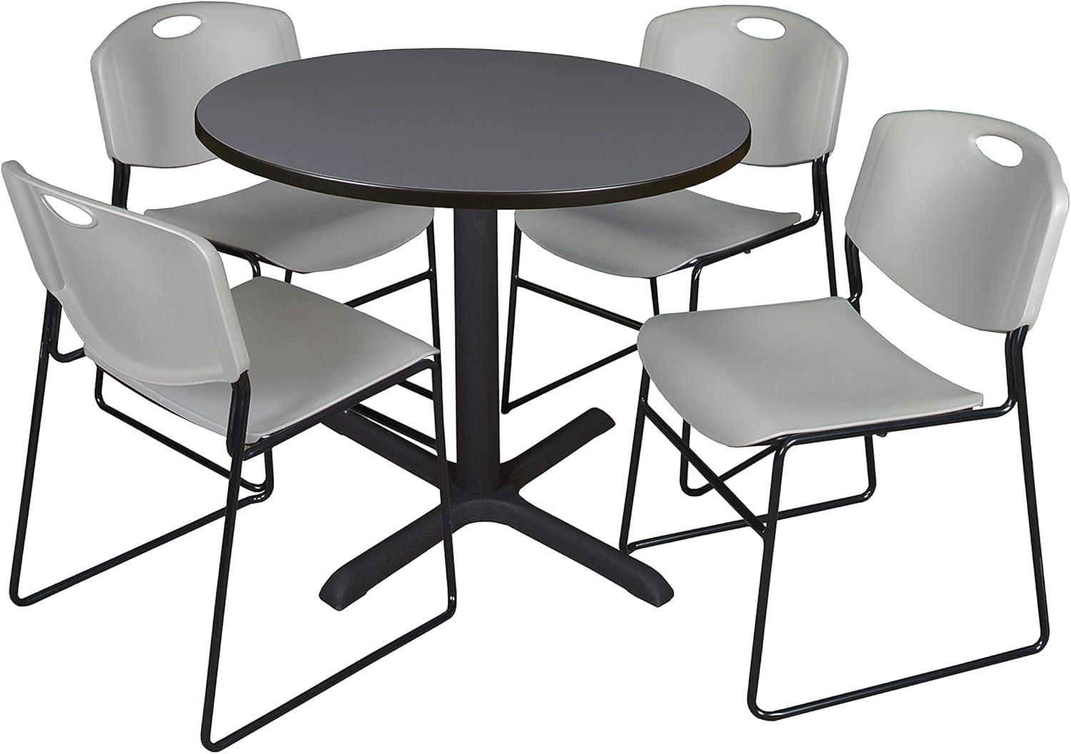 Regency Cain 42 in. Round X-Base Breakroom Table- Grey & 4 Zeng Stack Chairs- Grey