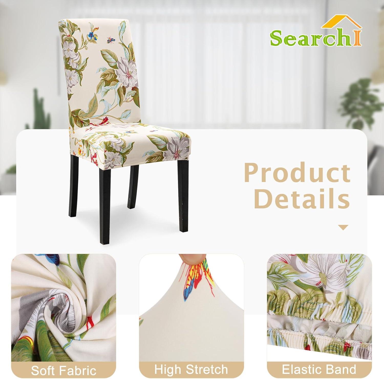 Chair Covers Slipcovers Set of 4, Spandex Super Fit Stretch Removable Washable Kitchen Parsons Protector for Dining Room,Hotel,Ceremony,Beige+Flowers