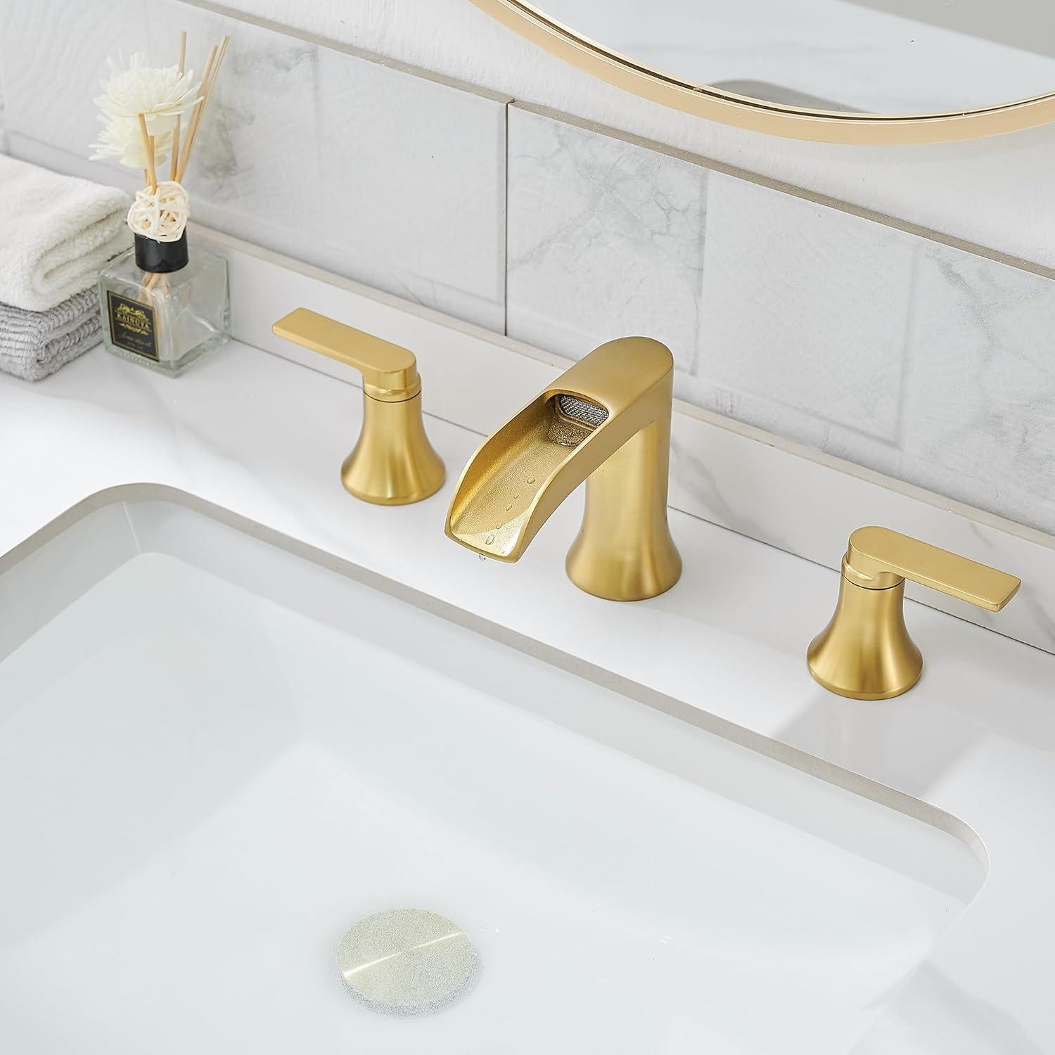 Brushed Gold Brass Double Handle Waterfall Bathroom Faucet