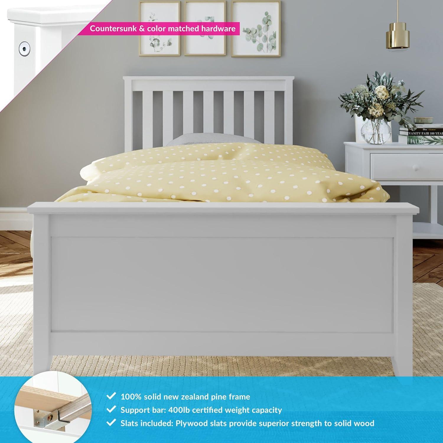 Max & Lily Twin Bed Frame with Headboard, Solid Wood Platform Bed for Kids, White