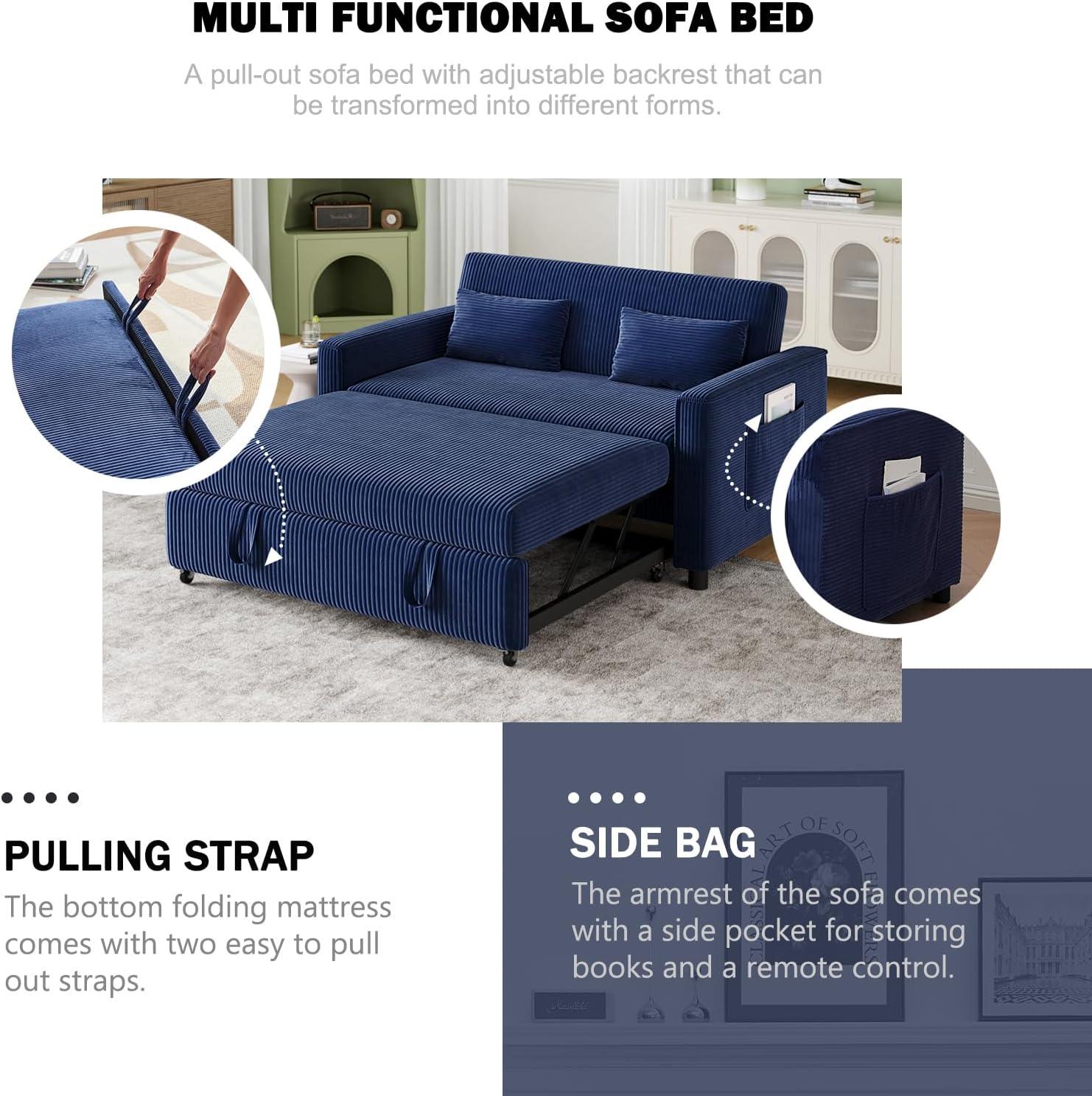 55" Modern Loveseat with Pull Out Bed, 3 in 1 Convertible Velvet Sleeper Sofa Bed with Adjustable Backrest & 2 Pillows, 2 Detachable Arm Pocket for Small Space, Living Room, Apartment, Blue