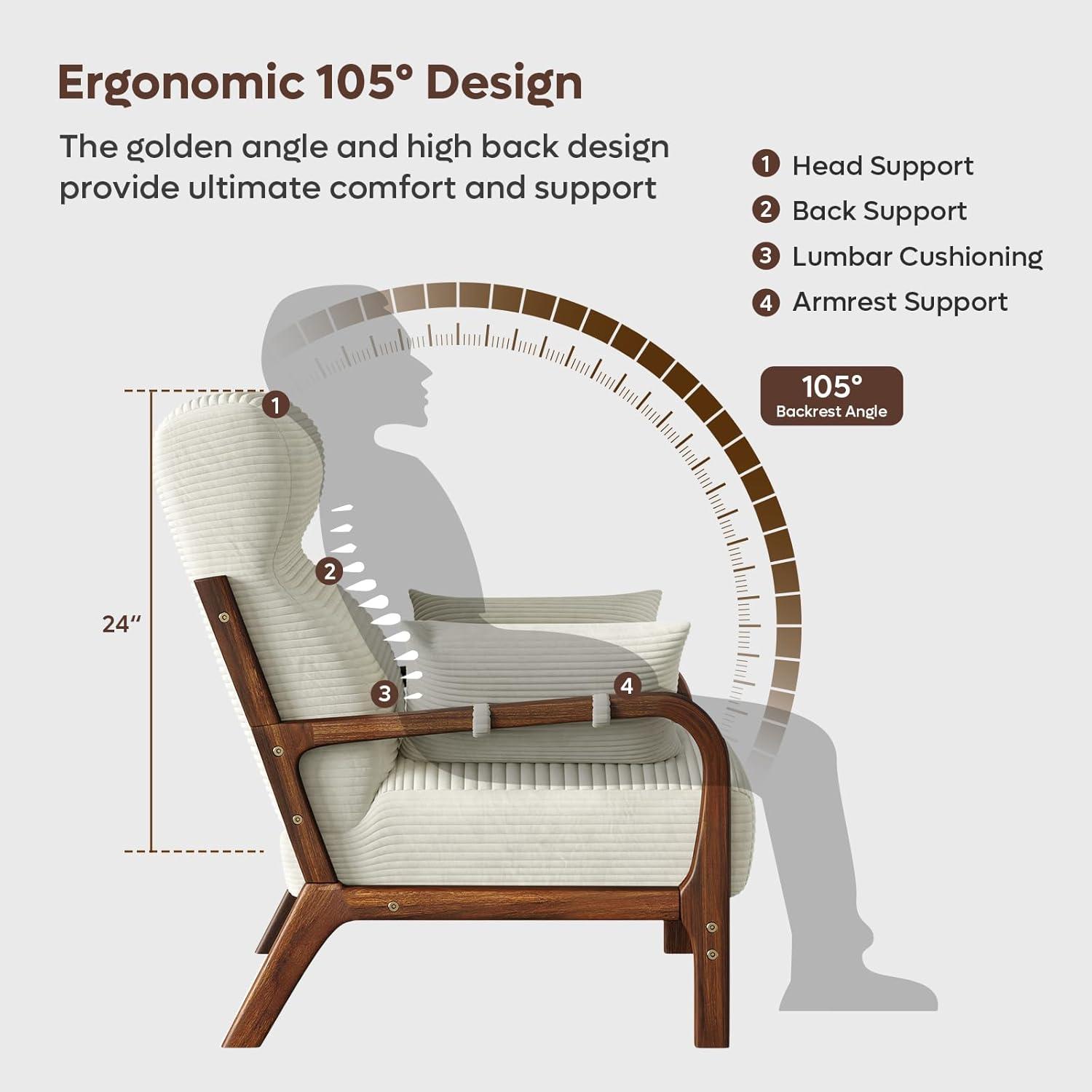 White Corduroy Upholstered Wood Frame Recliner Accent Chair