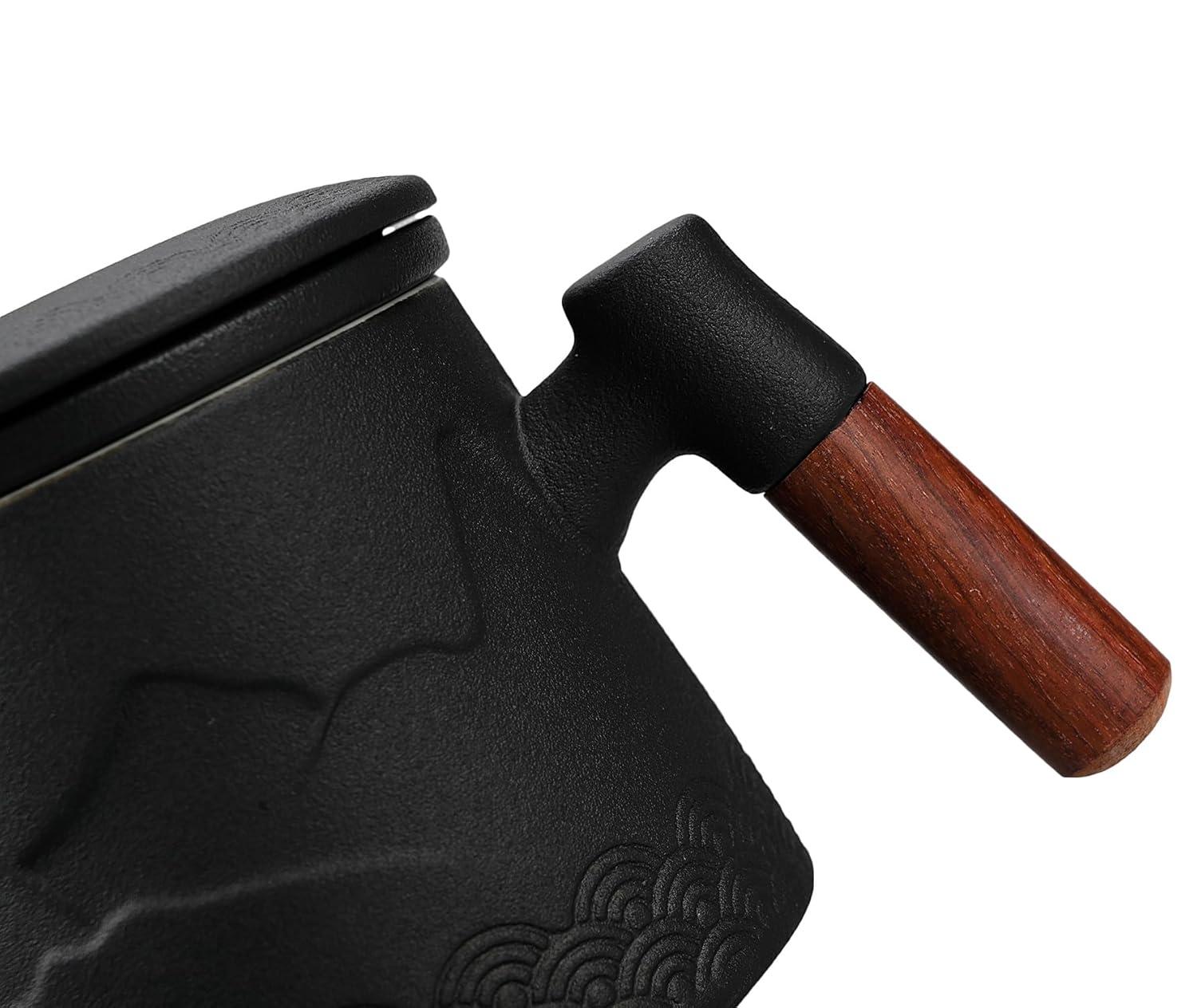 Tea Cup with Infuser and Lid, Gradual Mountain and Spray Tea Mug Cups with Infuser, Wood Handle Ceramic Coffee Mug with Lid Tea 430ml/14.50 OZ (Black)