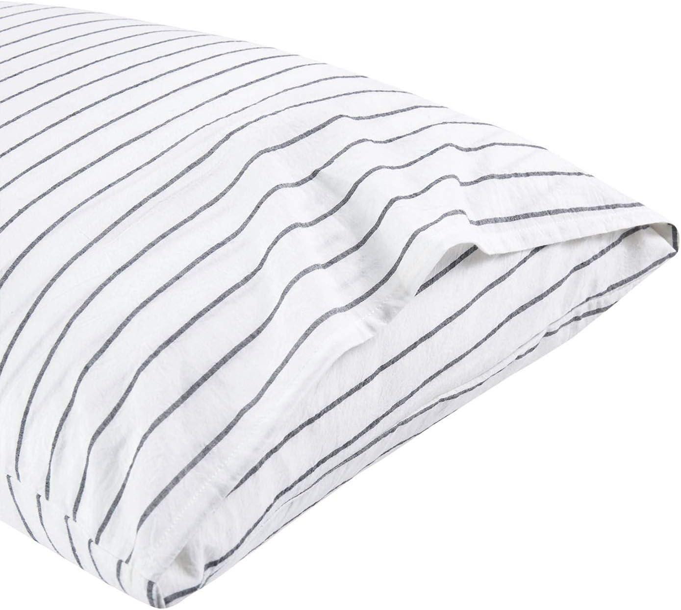 Wake In Cloud - Striped Pillow Cases, 100% Washed Cotton, Ticking Stripe Vertical Pinstripe Neutral Farmhouse, Set of 2 Pillowcases Pillow Shams Covers, Gray, Standard Size 20x26 Inches