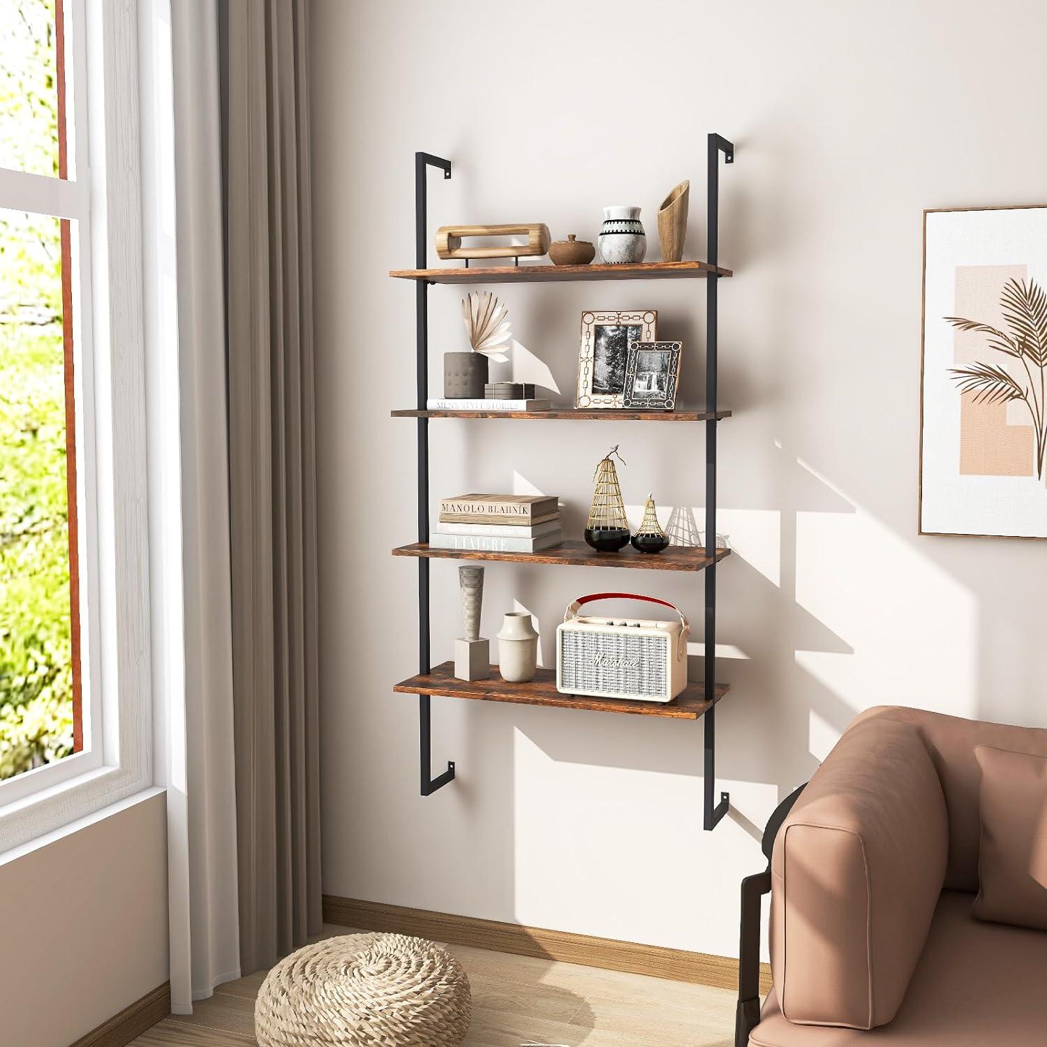 Rustic Brown 4-Tier MDF and Metal Ladder Bookshelf