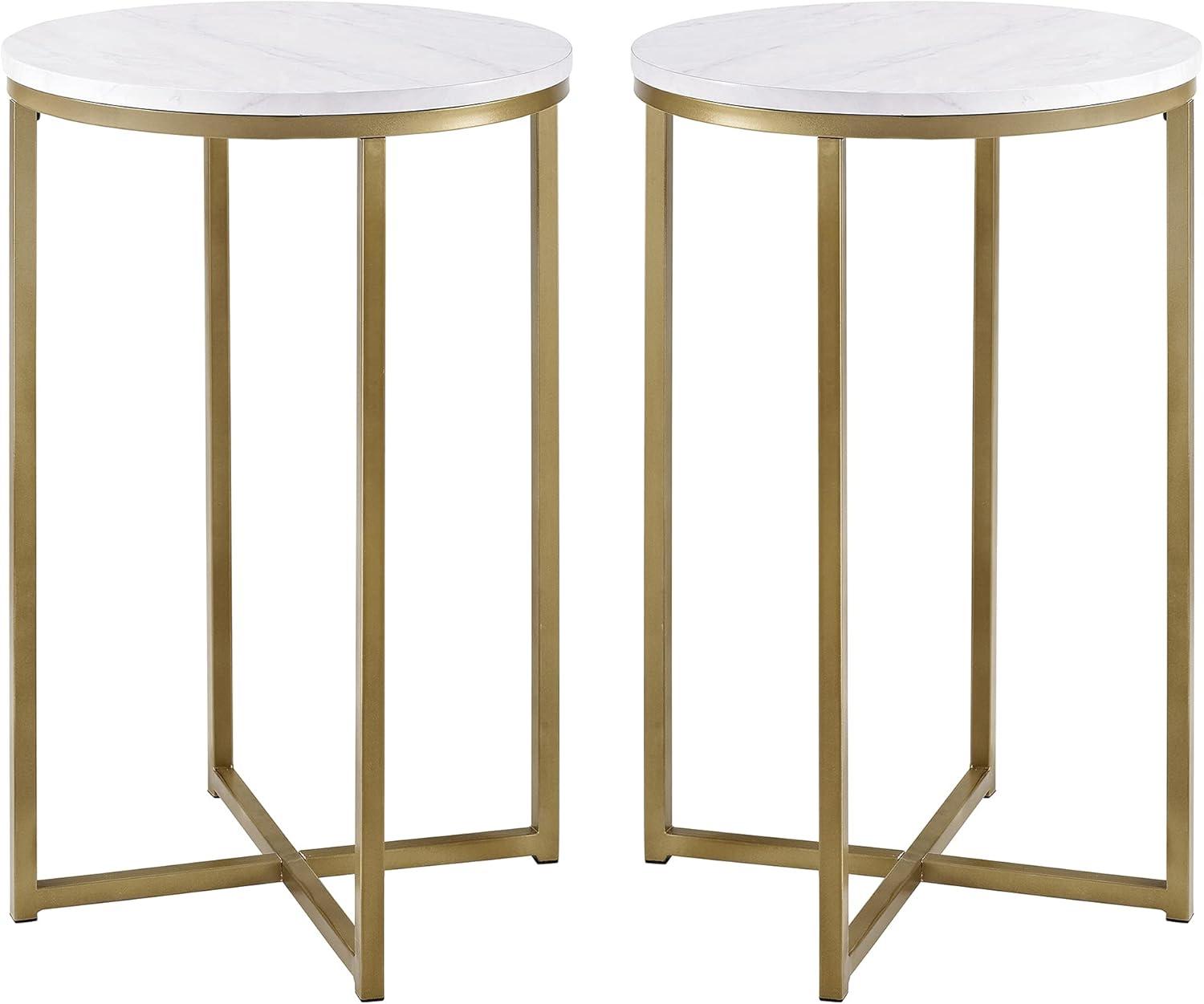 Urban Luxe Faux Marble and Gold Metal X-Leg End Table Pair