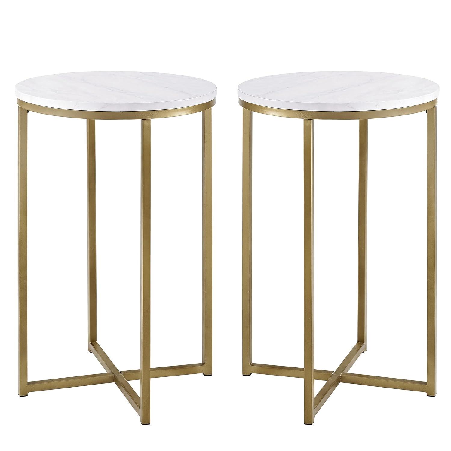 Walker Edison Cora Modern Faux Marble Round Accent Table with X Base, 2 pack, Marble and Gold
