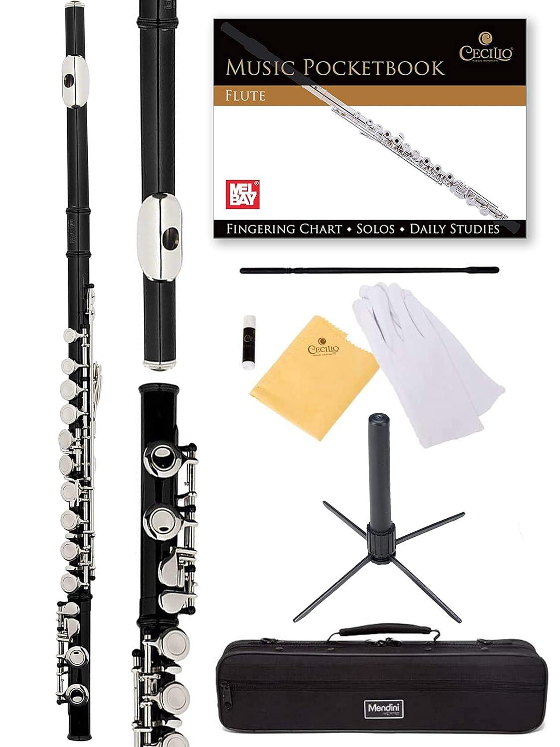 Mendini By Cecilio Flute, 16 Keys C Flute Instrument Closed Hole For Beginners with Carrying Case, Cork Grease, Stand, Lesson Book, Cleaning Kit, Gloves (Black)