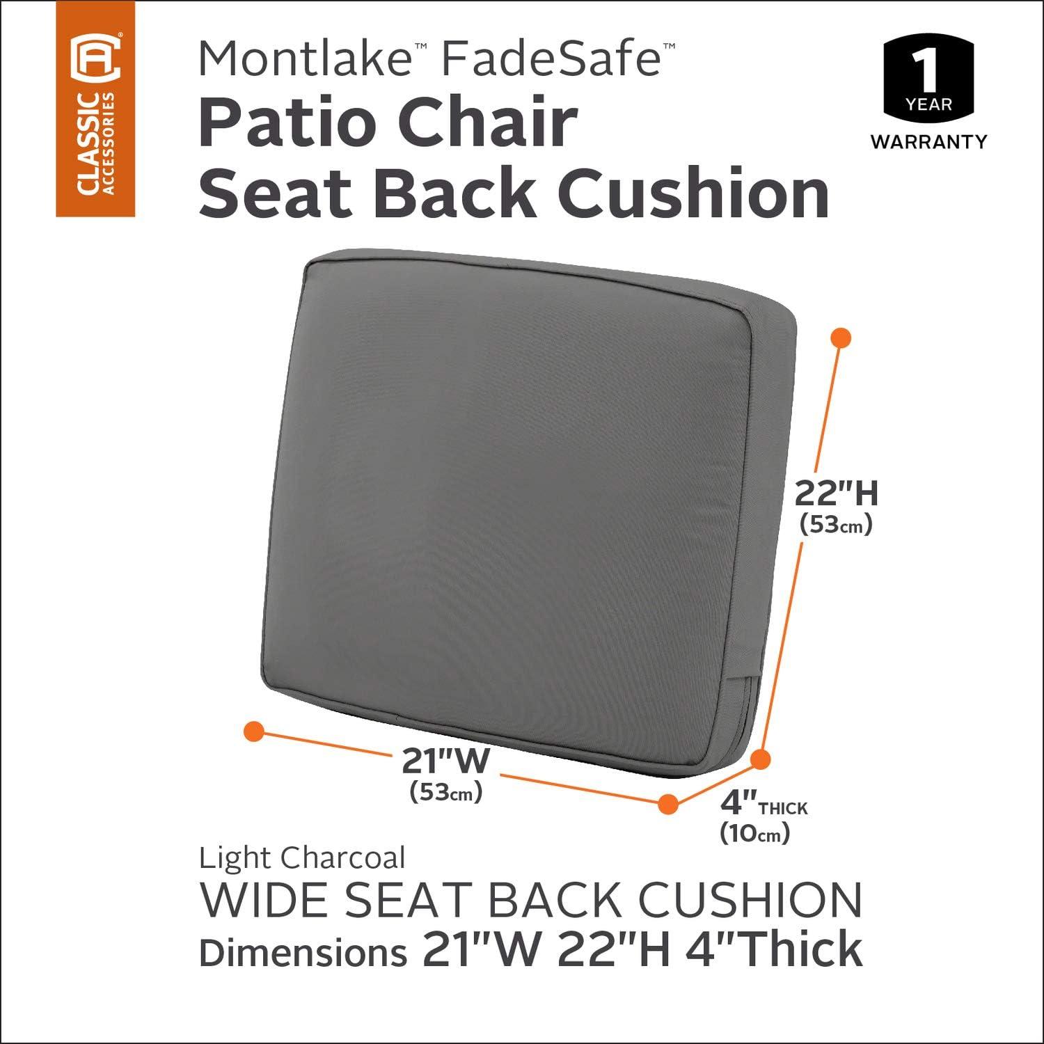 Classic Accessories Montlake FadeSafe Water-Resistant Patio Lounge Back Cushion, 21 x 22 x 4 inch, Light Charcoal