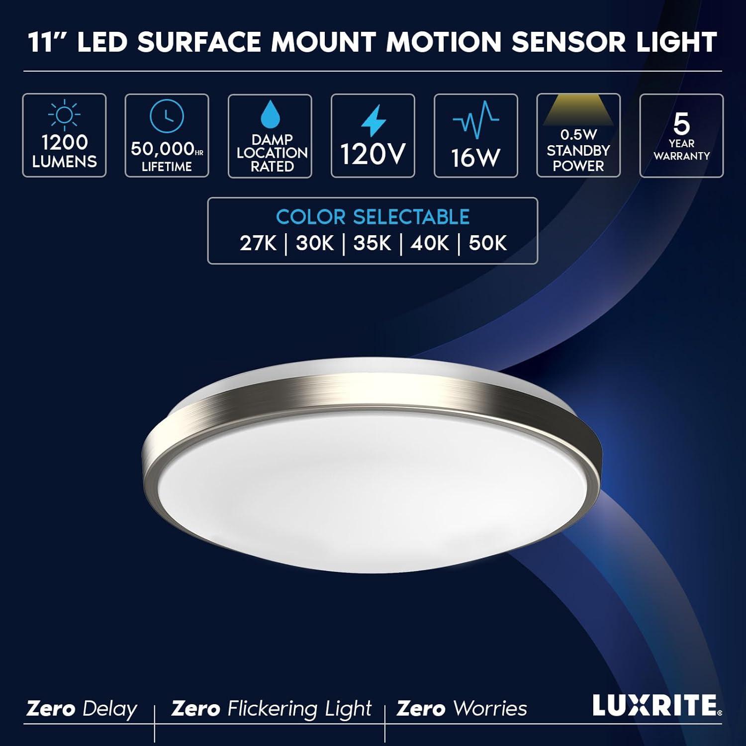 Luxrite Motion Sensor LED Flush Mount Ceiling Light, 11 Inch, 5CCT 2700K-5000K, 16W, 1200 Lumens, ETL
