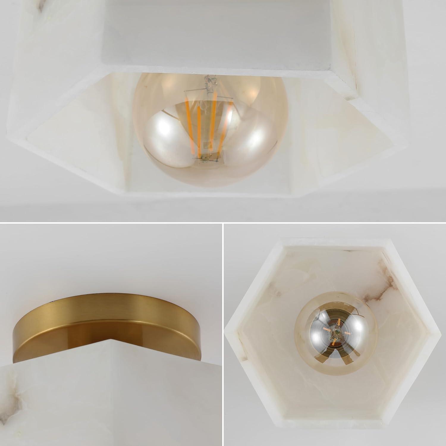 Tessa 8" 1-Light Modern Contemporary Alabaster/Iron Hexagonal LED Semi Flush Mount, White Marbling/Brass Gold