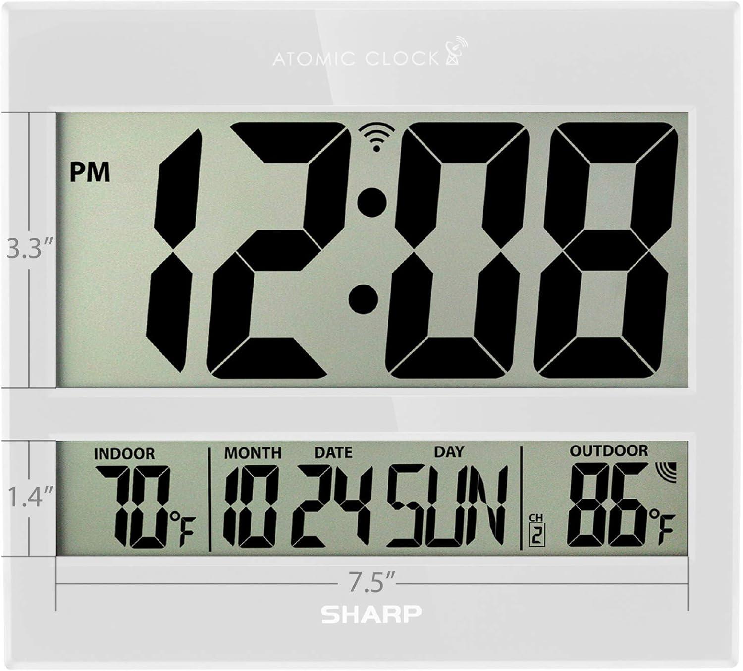 Sharp Atomic Clock Jumbo 3" LED Display In/ Out Temp Calendar Color Black Classic Decor Style