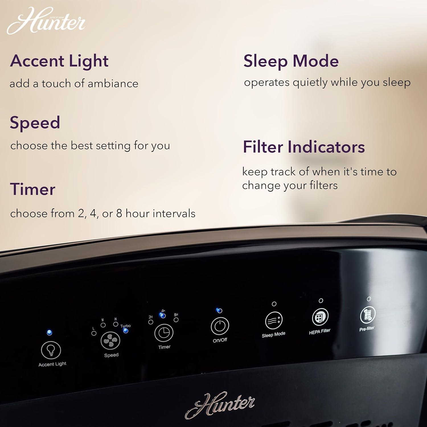 Hunter HP800 Air Purifiers for Home Large Room and Bedroom. True HEPA Air Purifier for Pets, Odors, Allergens, Smoke, Dust, VOC's.