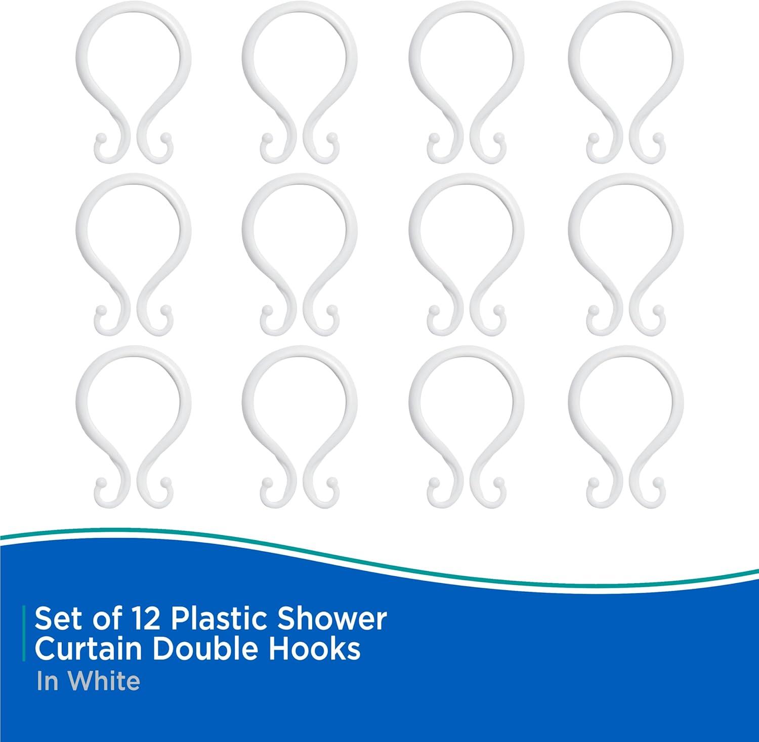 Kenney Rust-Proof Plastic Shower Curtain Double Hooks, Set of 12, White