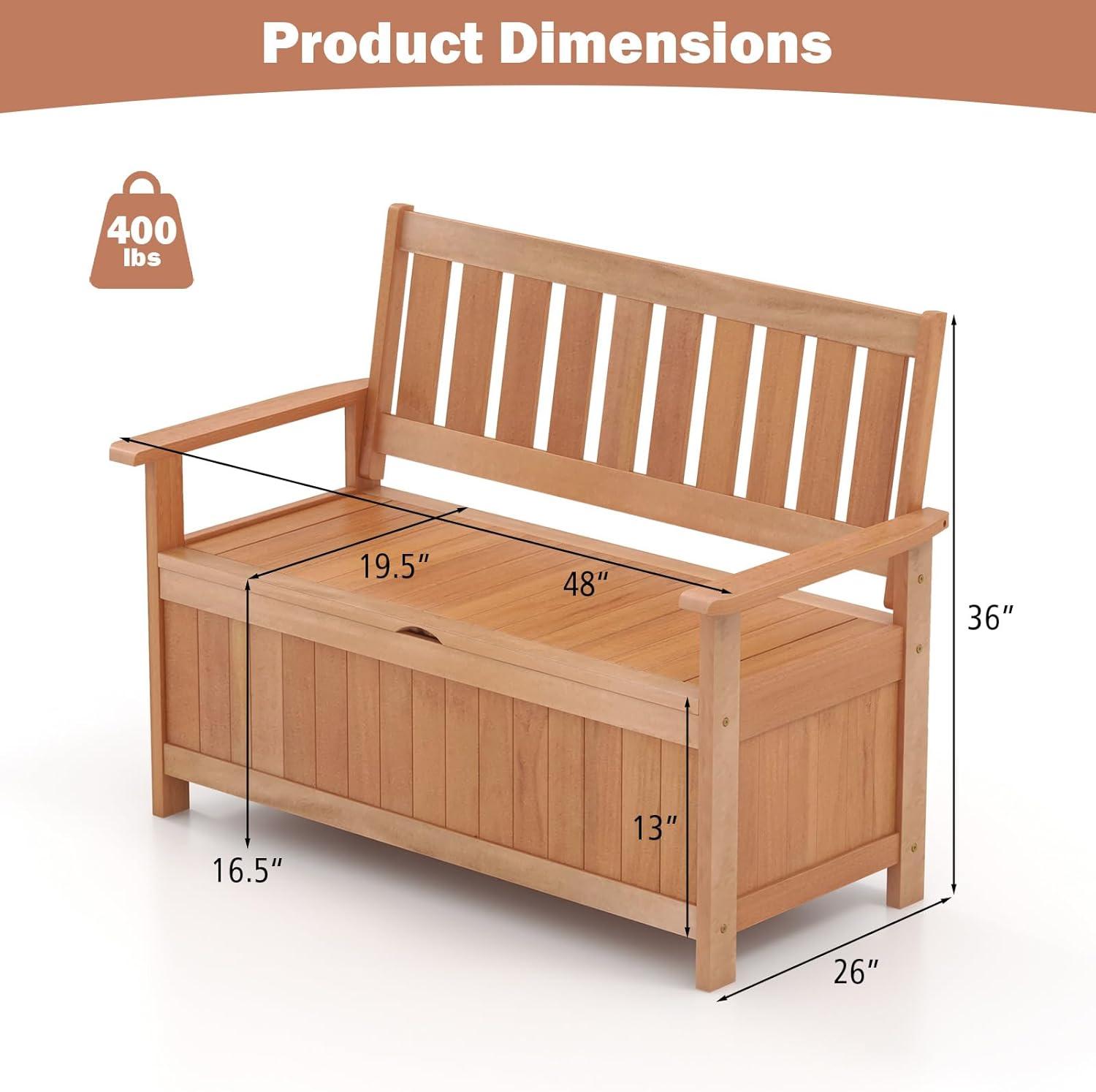 Costway 48 Inch Patio Storage Bench Wood Loveseat with Slatted Backrest for Backyard