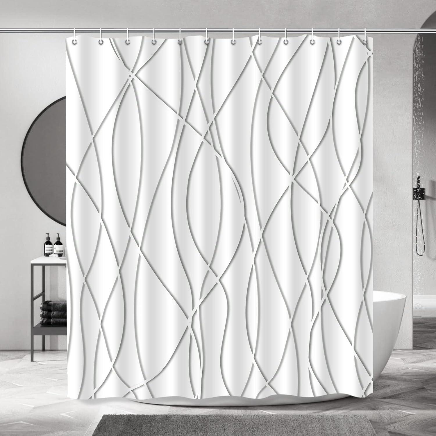 72-Inch White and Gray Striped Polyester Shower Curtain with Hooks