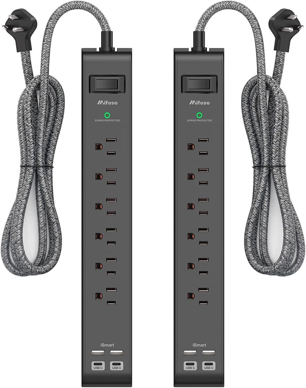 Black 6-Foot 5-Outlet Power Strip with USB Ports, 2-Pack